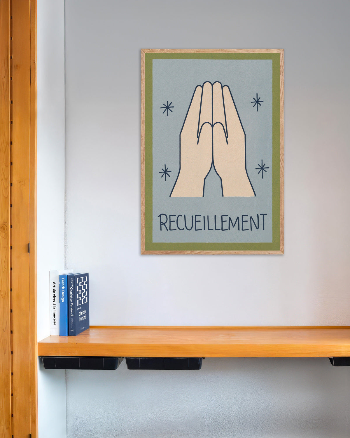 Poster de Recueillement - Arte linear minimalista, com moldura de madeira natural