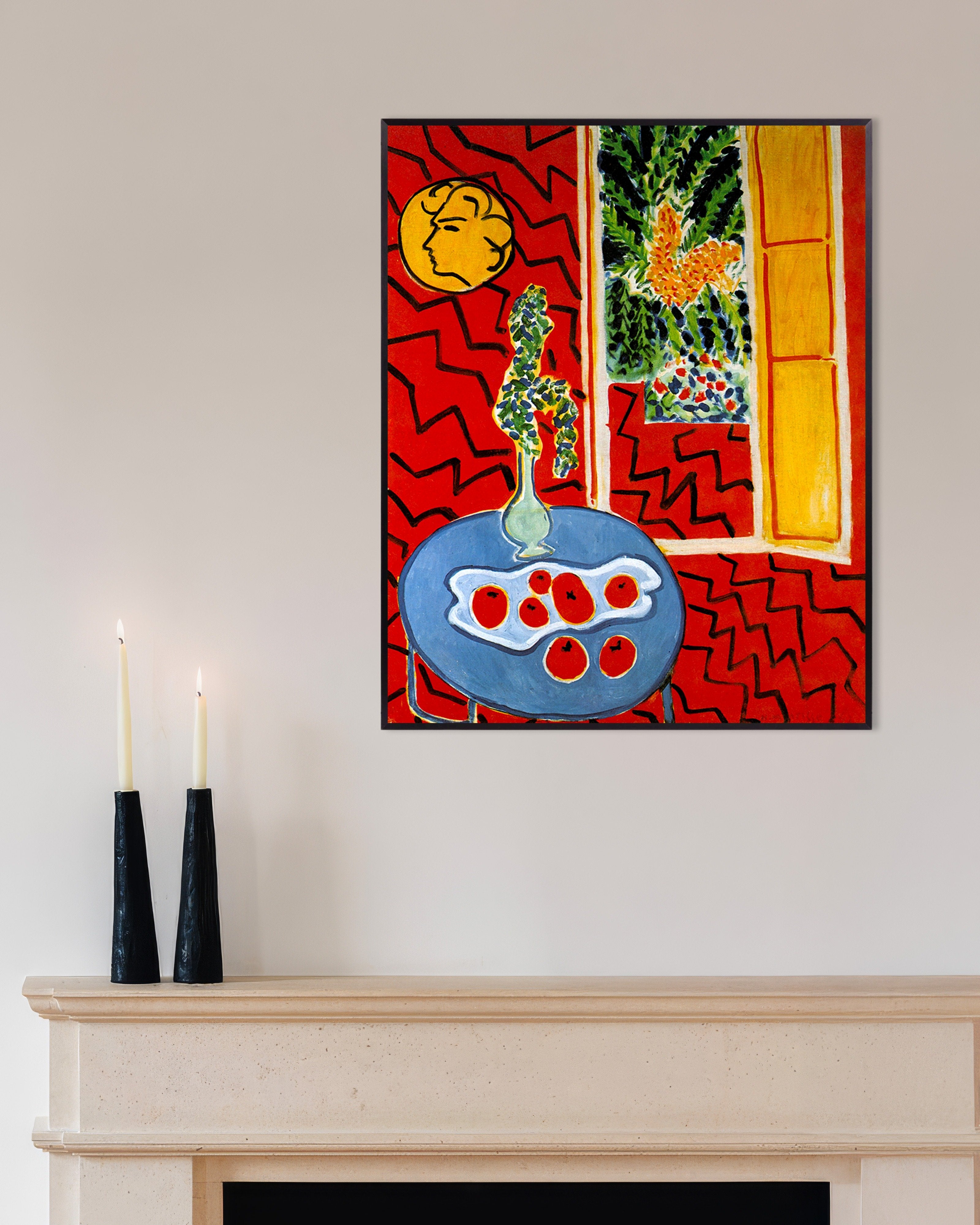 Poster of Red interior, still life on blue table by Henri Matisse, with metal frame
