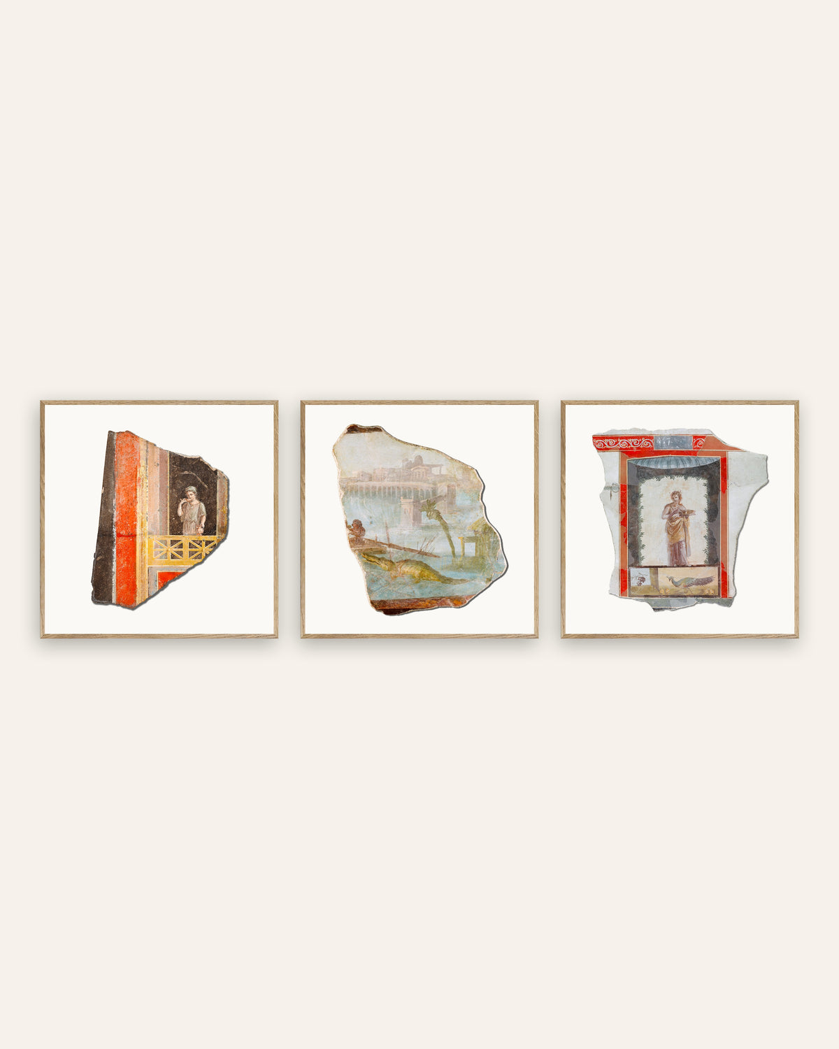 Posters de fragmentos de frescos romanos, conjunto de 3: varanda, Nilo e pavão, com molduras de carvalho natural