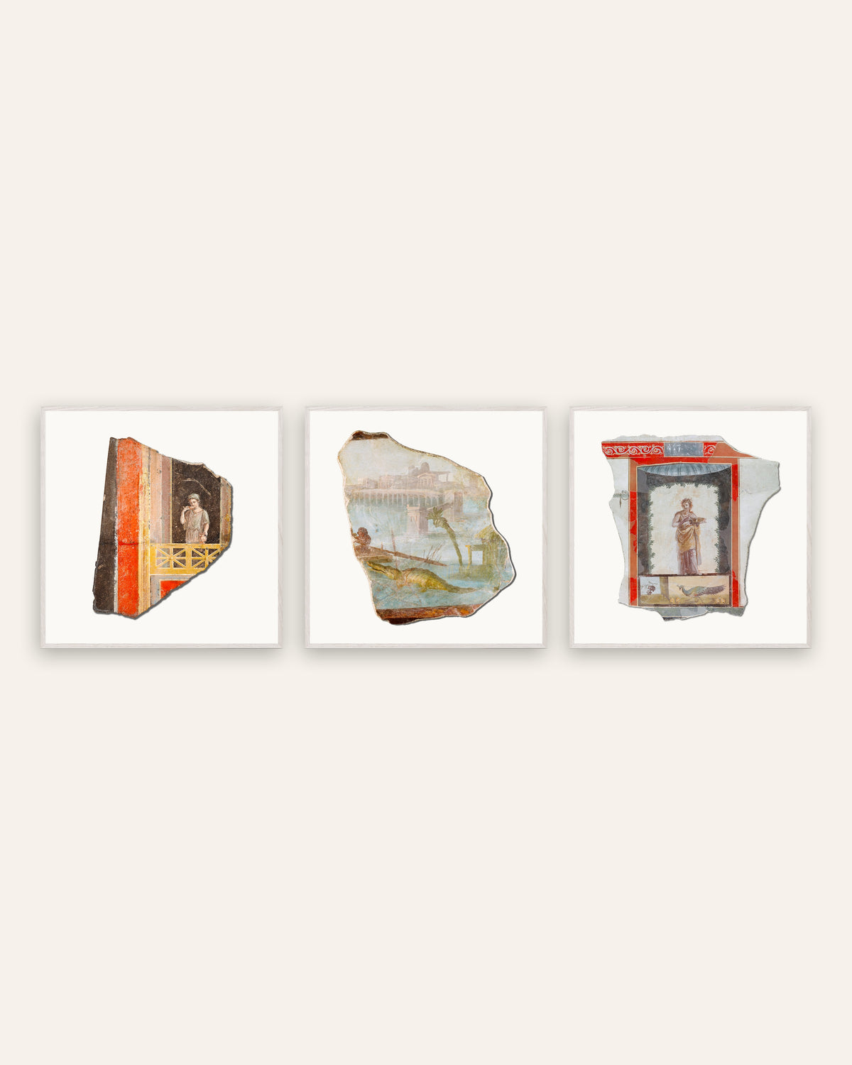 Posters de fragmentos de frescos romanos, conjunto de 3: varanda, Nilo e pavão, com molduras de carvalho branco
