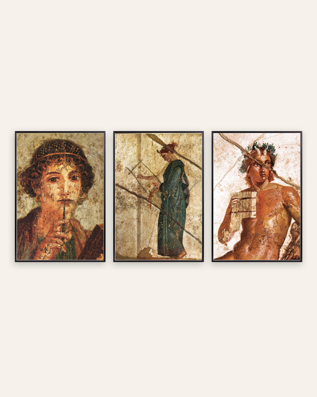 Posters de frescos romanos, conjunto de 3: poesia e música, Safo, lira e Pã, com molduras de metal preto