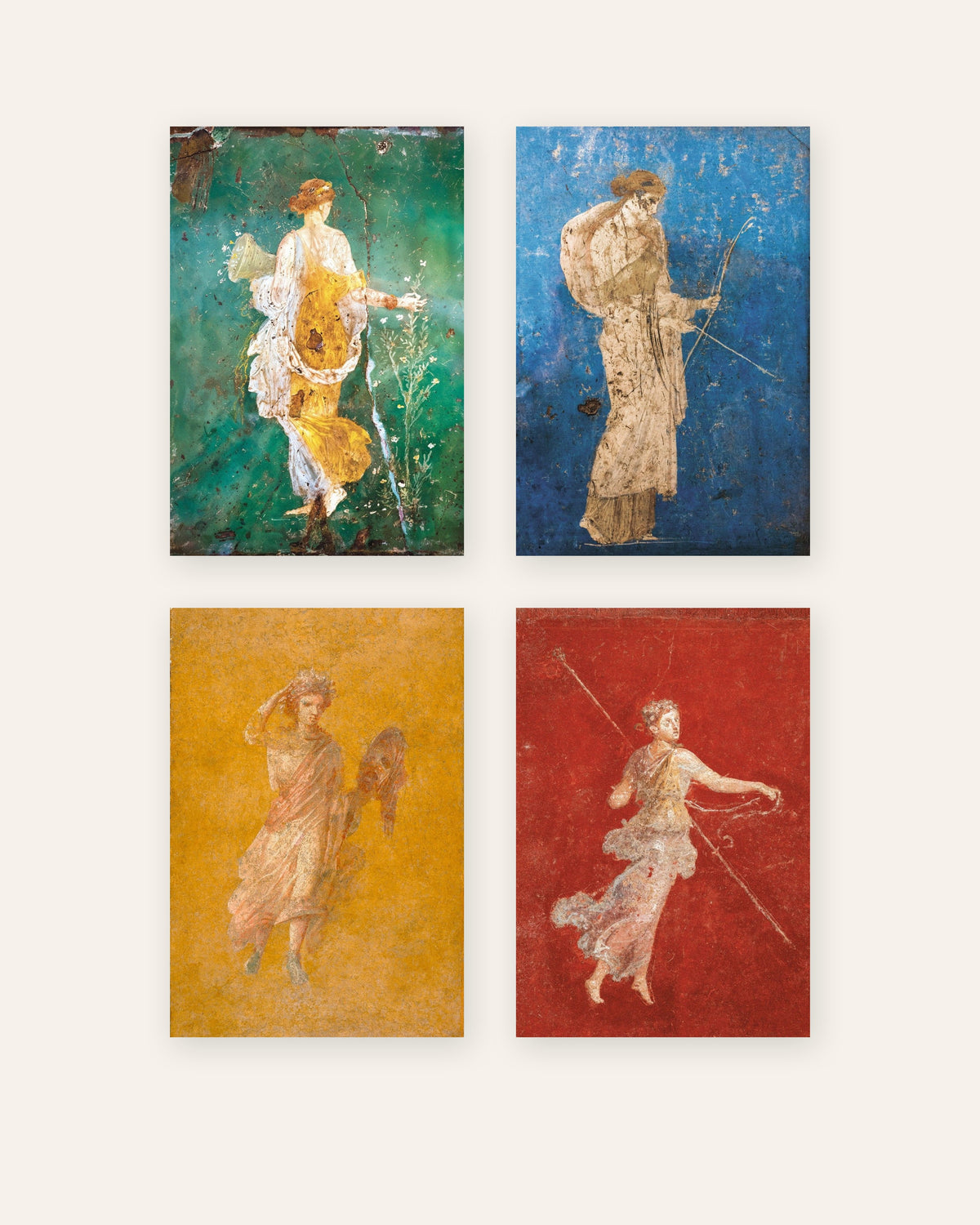 Conjunto de 4 posters de frescos romanos, Flora, Ártemis, Melpómene e Ménade, sem moldura