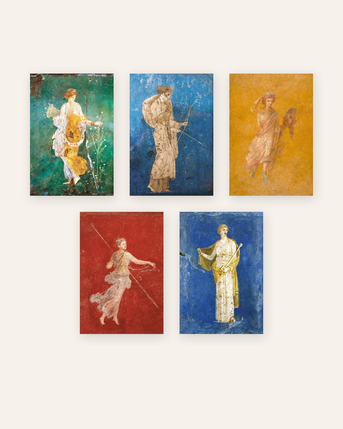 Conjunto de 5 posters de frescos romanos, Flora, Ártemis, Melpómene, Ménade e Medeia, sem moldura