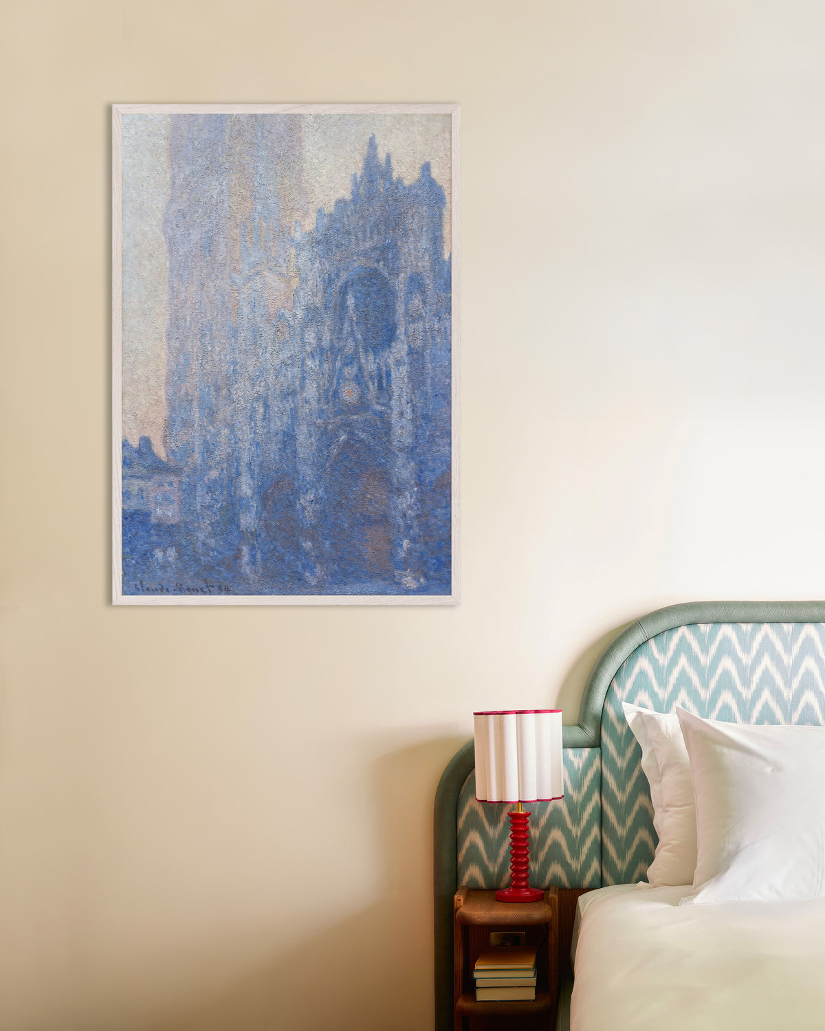 Poster A Catedral de Rouen, o Portal e a Torre de Albane, Efeito da Manhã (1894), de Claude Monet, com moldura de madeira branca