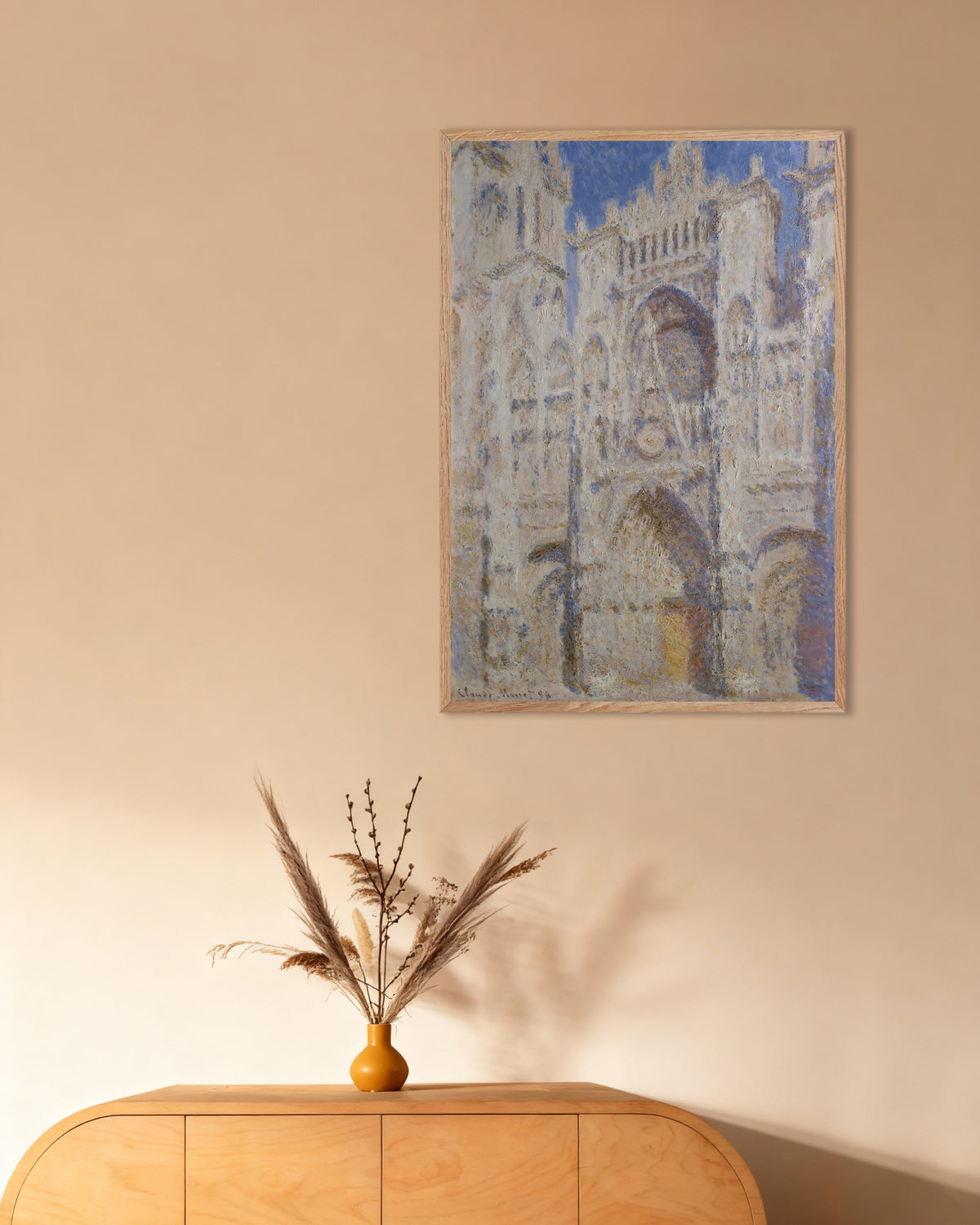 Poster A Catedral de Rouen, o Portal, Pleno Sol (1894), de Claude Monet, com moldura de madeira natural