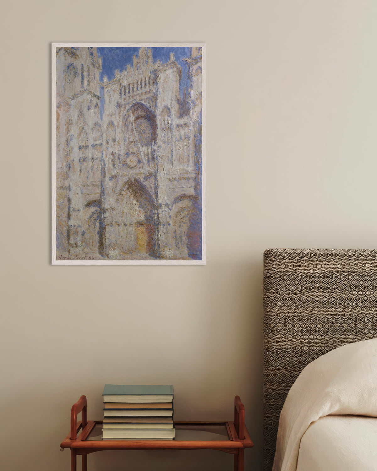 Poster A Catedral de Rouen, o Portal, Pleno Sol (1894), de Claude Monet, com moldura de madeira branca
