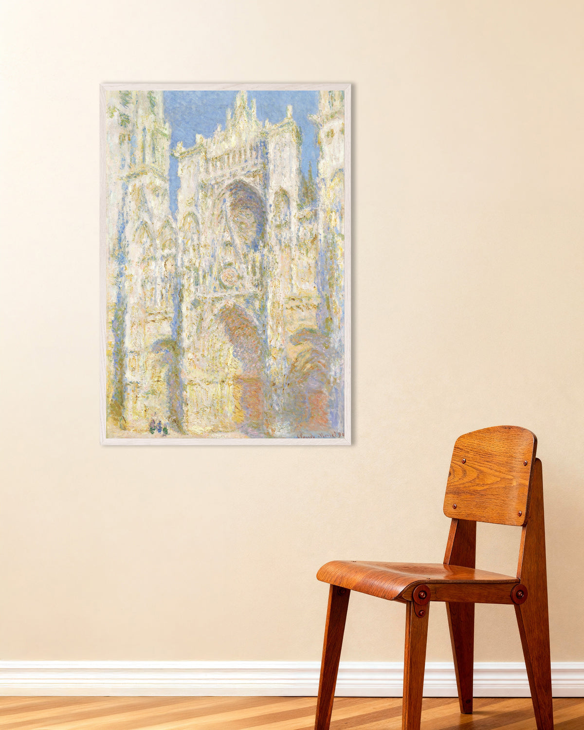 Poster A Catedral de Rouen, Fachada Oeste, Pleno Sol (1894), de Claude Monet, com moldura de madeira branca