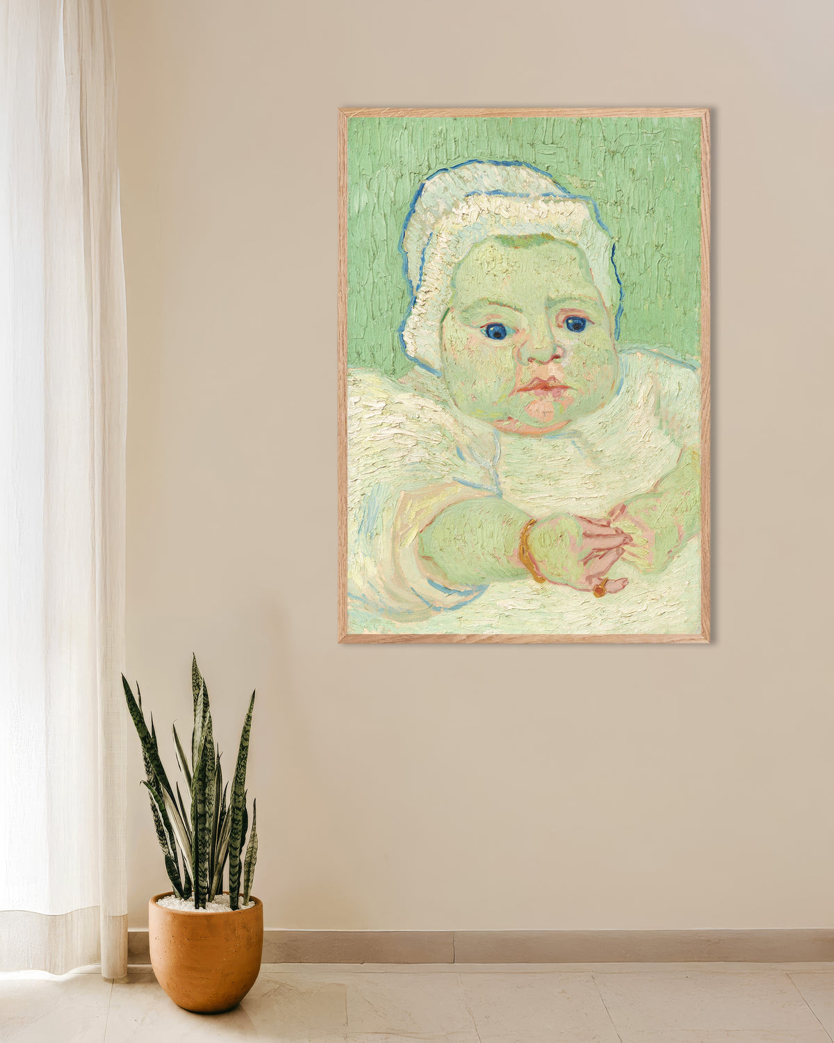 Poster de O Bebé de Roulin (1888), de Vincent van Gogh, com moldura de madeira natural