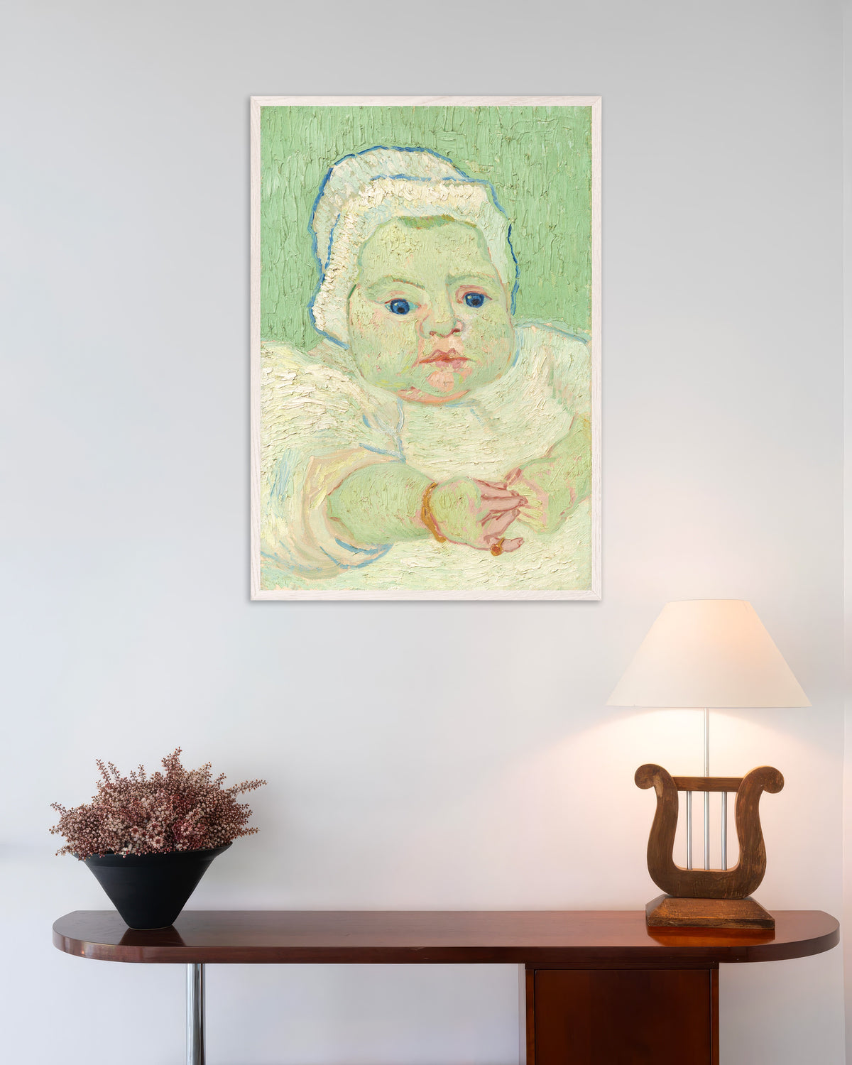 Poster de O Bebé de Roulin (1888), de Vincent van Gogh, com moldura de madeira branca