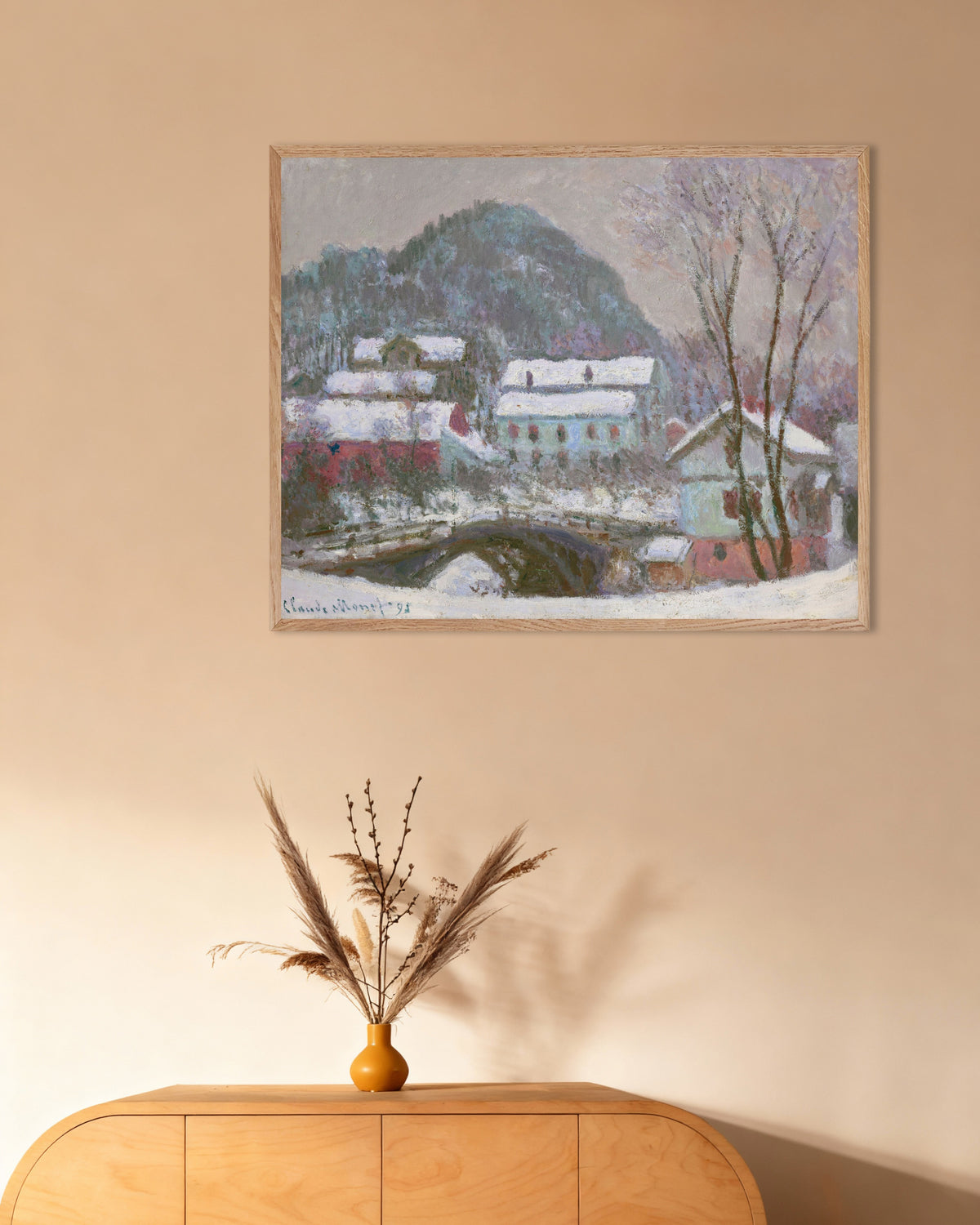 Poster Sandvika, Noruega, Efeito de Neve (1895), de Claude Monet, com moldura de madeira natural