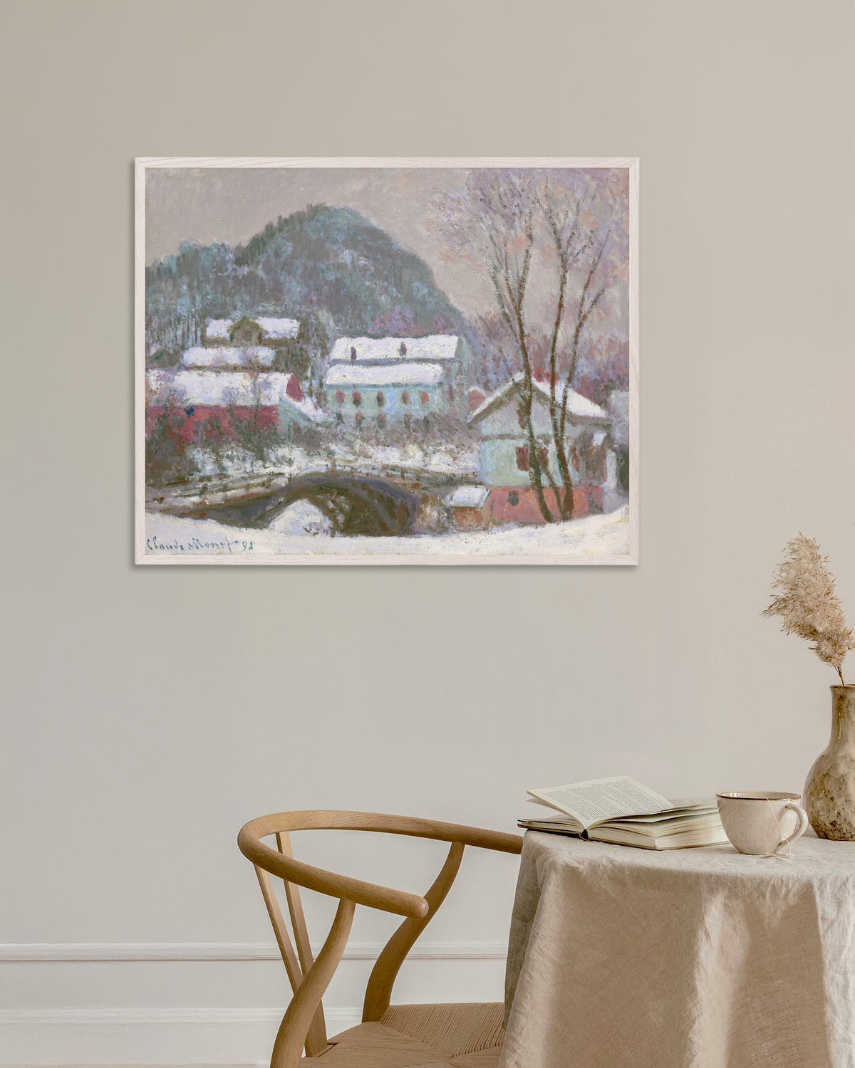 Poster Sandvika, Noruega, Efeito de Neve (1895), de Claude Monet, com moldura de madeira branca
