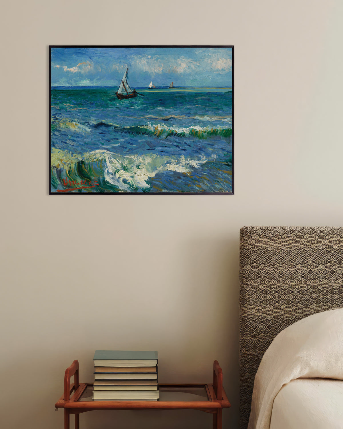 Poster de Paisagem marítima perto de Les Saintes-Maries-de-la-Mer (1888), de Vincent van Gogh, com moldura metálica