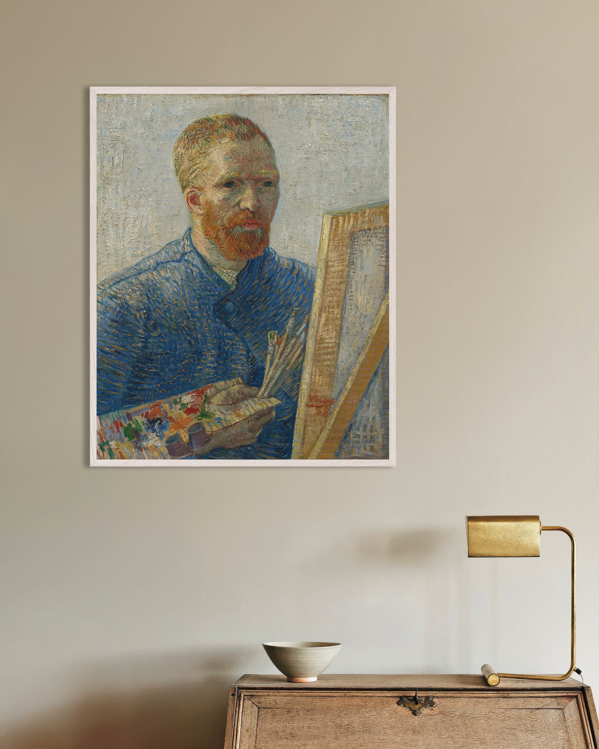 Poster de Autorretrato como Pintor (1888), de Vincent van Gogh, com moldura de madeira branca