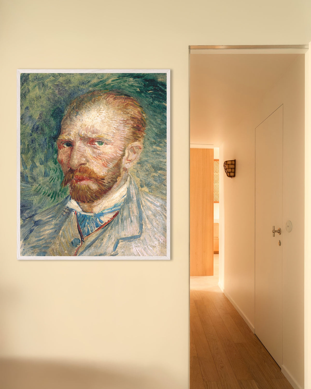 Poster de Autorretrato sobre um Fundo Verde (1886), de Vincent van Gogh, com moldura de madeira branca