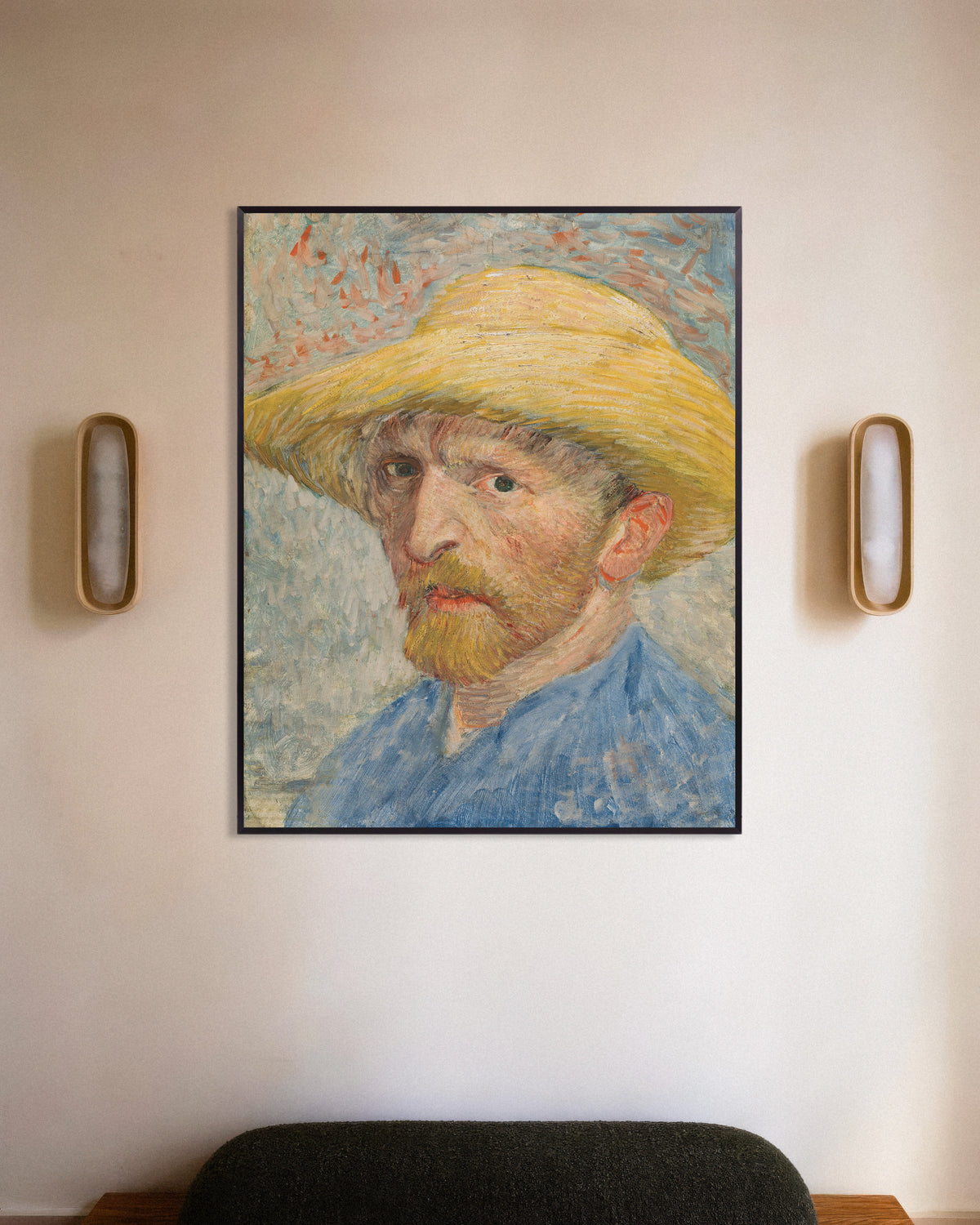 Poster Autorretrato com chapéu de palha e blusa azul (1887), de Vincent van Gogh, com moldura metálica