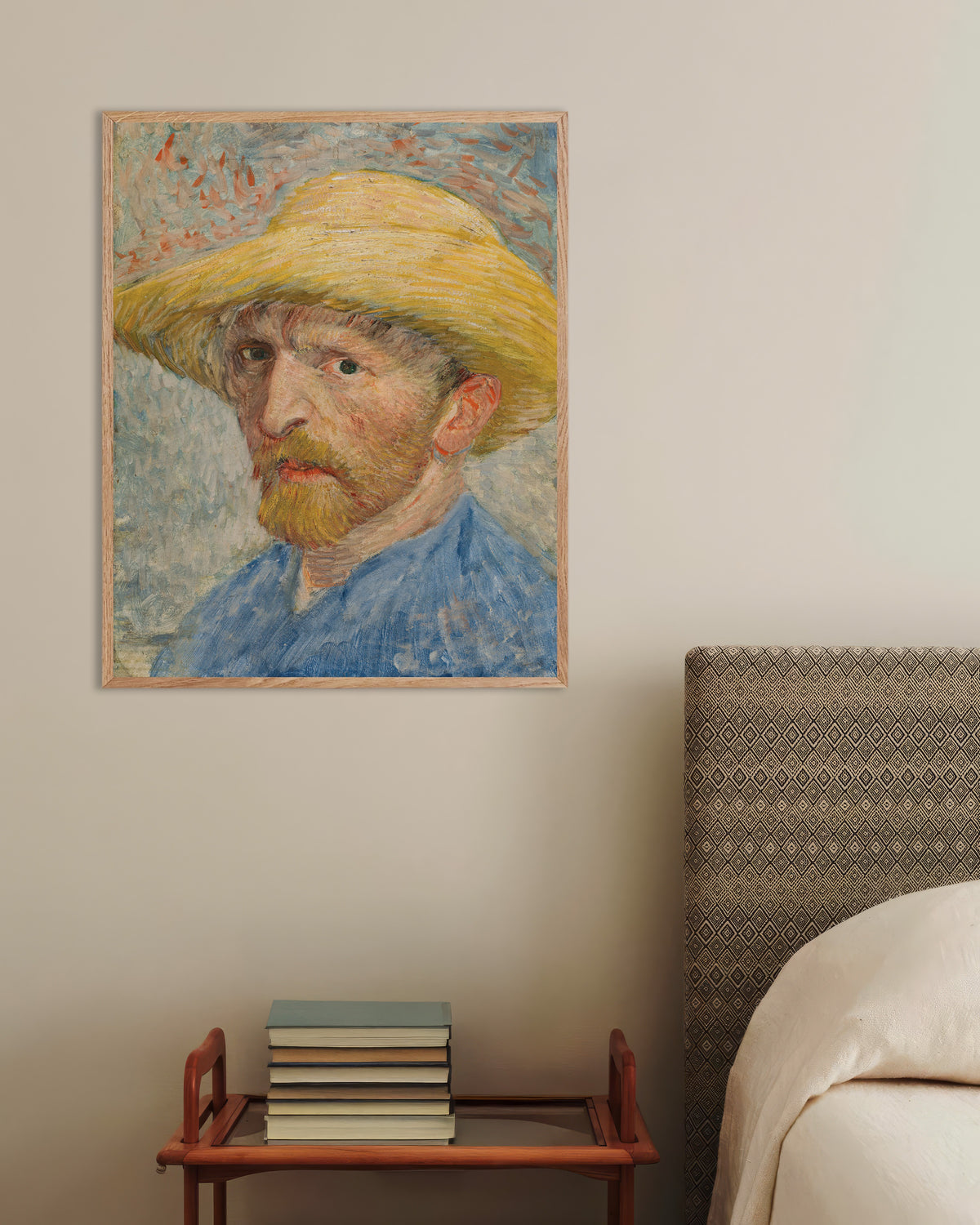 Poster Autorretrato com chapéu de palha e blusa azul (1887), de Vincent van Gogh, com moldura de madeira natural