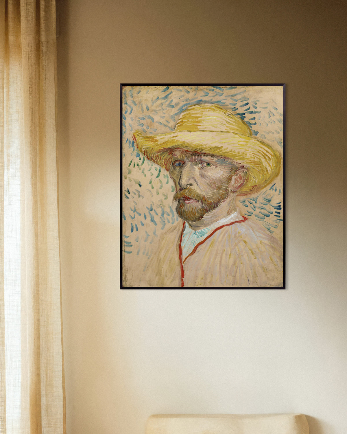 Poster de Autorretrato com Chapéu de Palha e Bata de Pintor (1887), de Vincent van Gogh, com moldura metálica