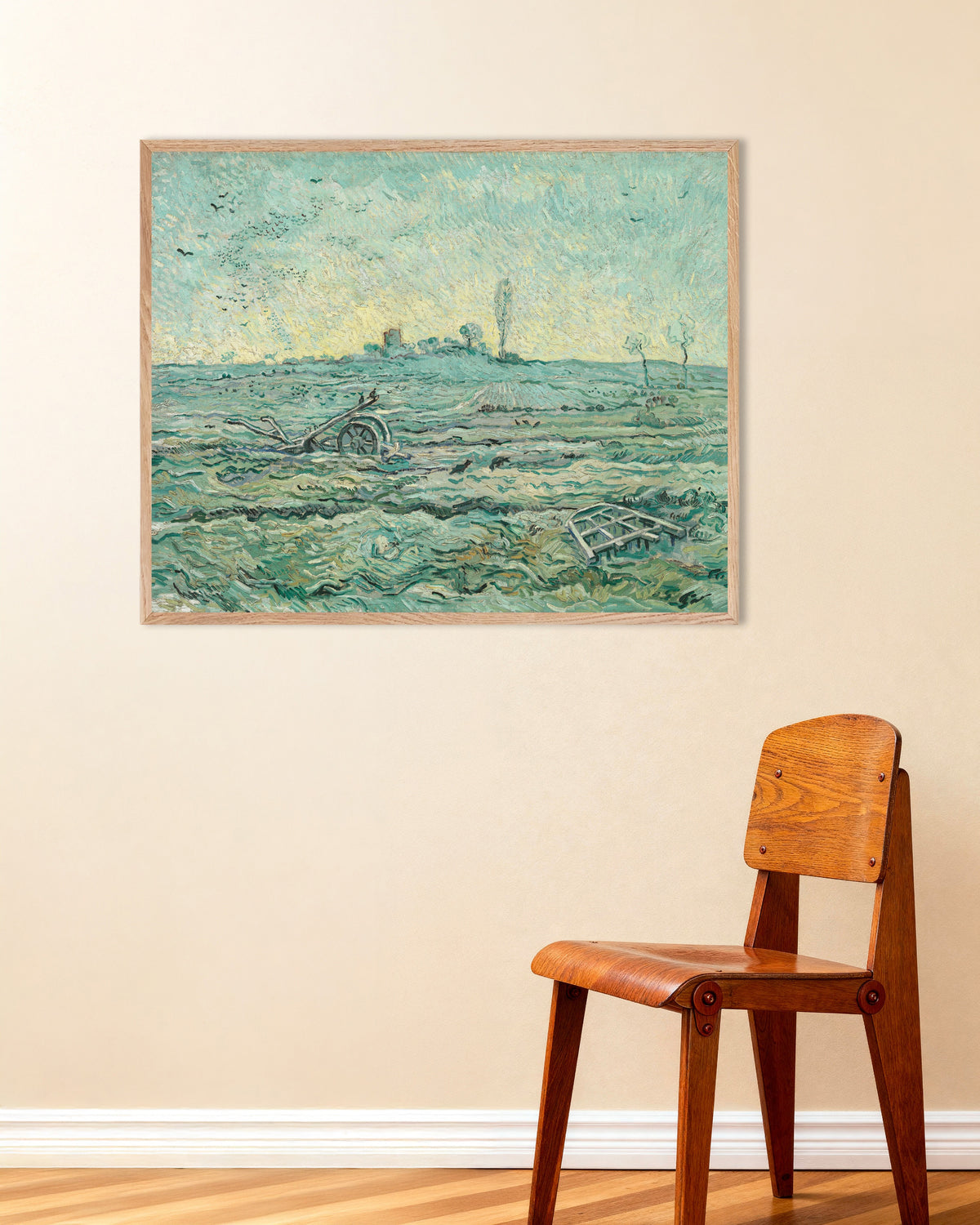 Poster Campo coberto de neve com uma grade, segundo Millet (1890), de Vincent van Gogh, com moldura de madeira natural