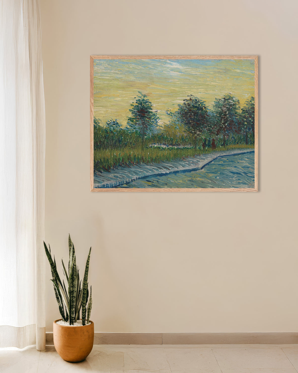 Poster de Praça Saint-Pierre ao pôr do sol (1887), de Vincent van Gogh, com moldura de madeira natural