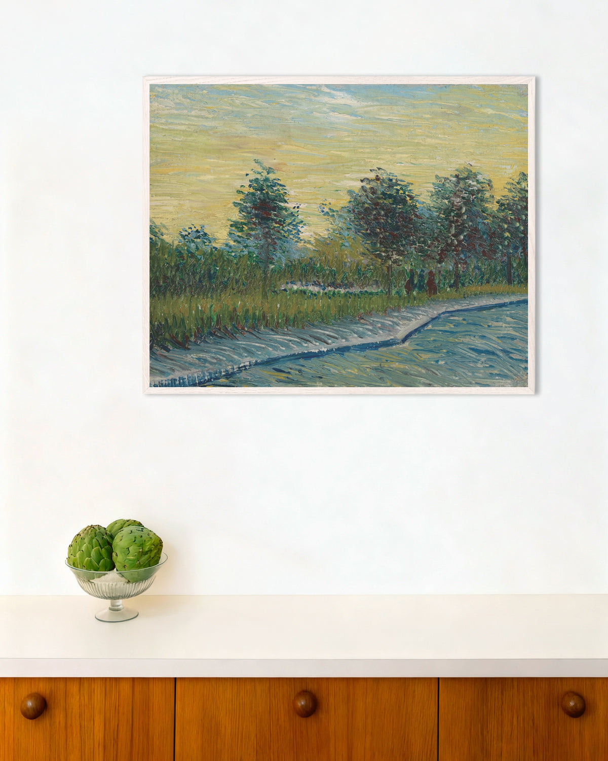 Poster de Praça Saint-Pierre ao pôr do sol (1887), de Vincent van Gogh, com moldura de madeira branca