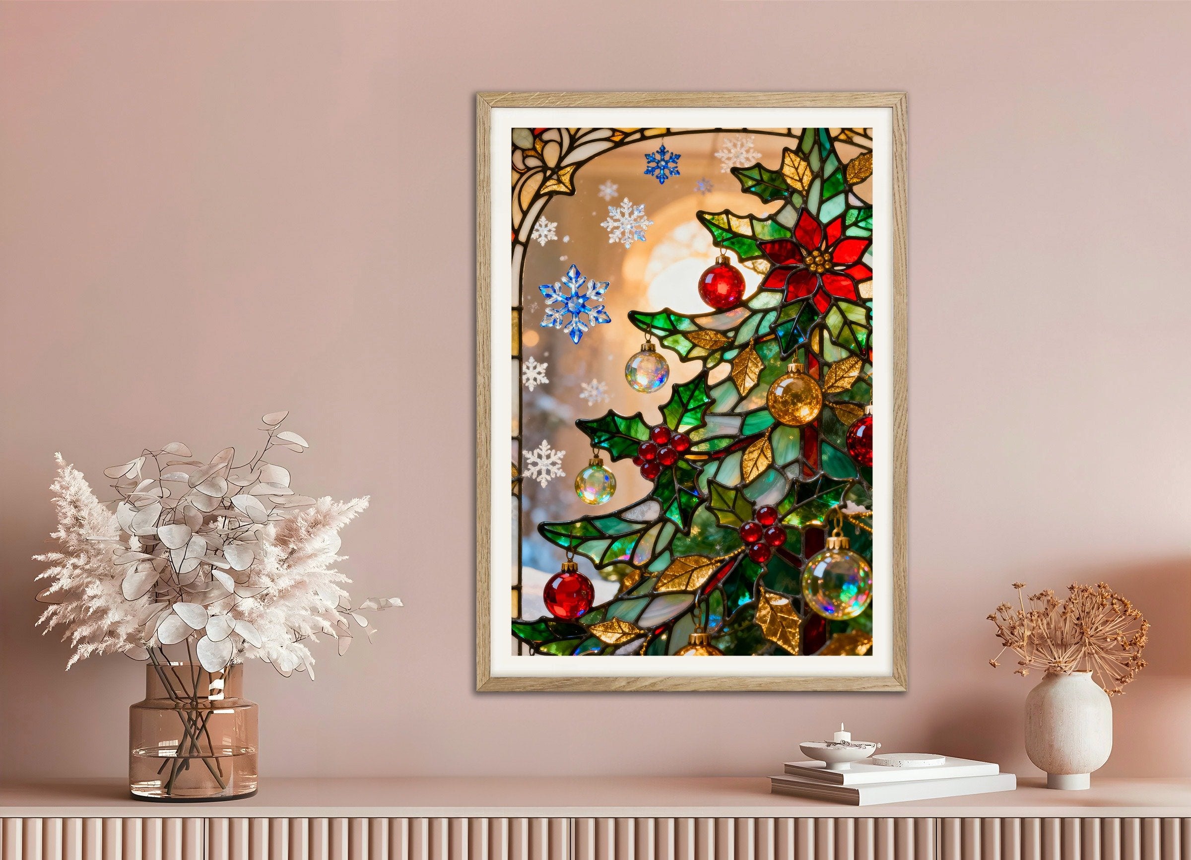 Poster of Stained glass Christmas tree poster, with natural wooden frame