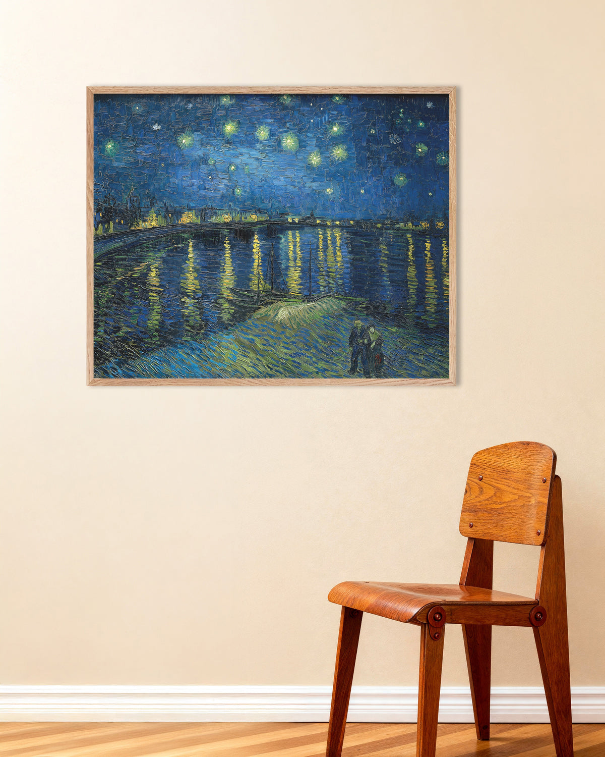 Poster de Noite Estrelada sobre o Ródano (1888), de Vincent van Gogh, com moldura de madeira natural