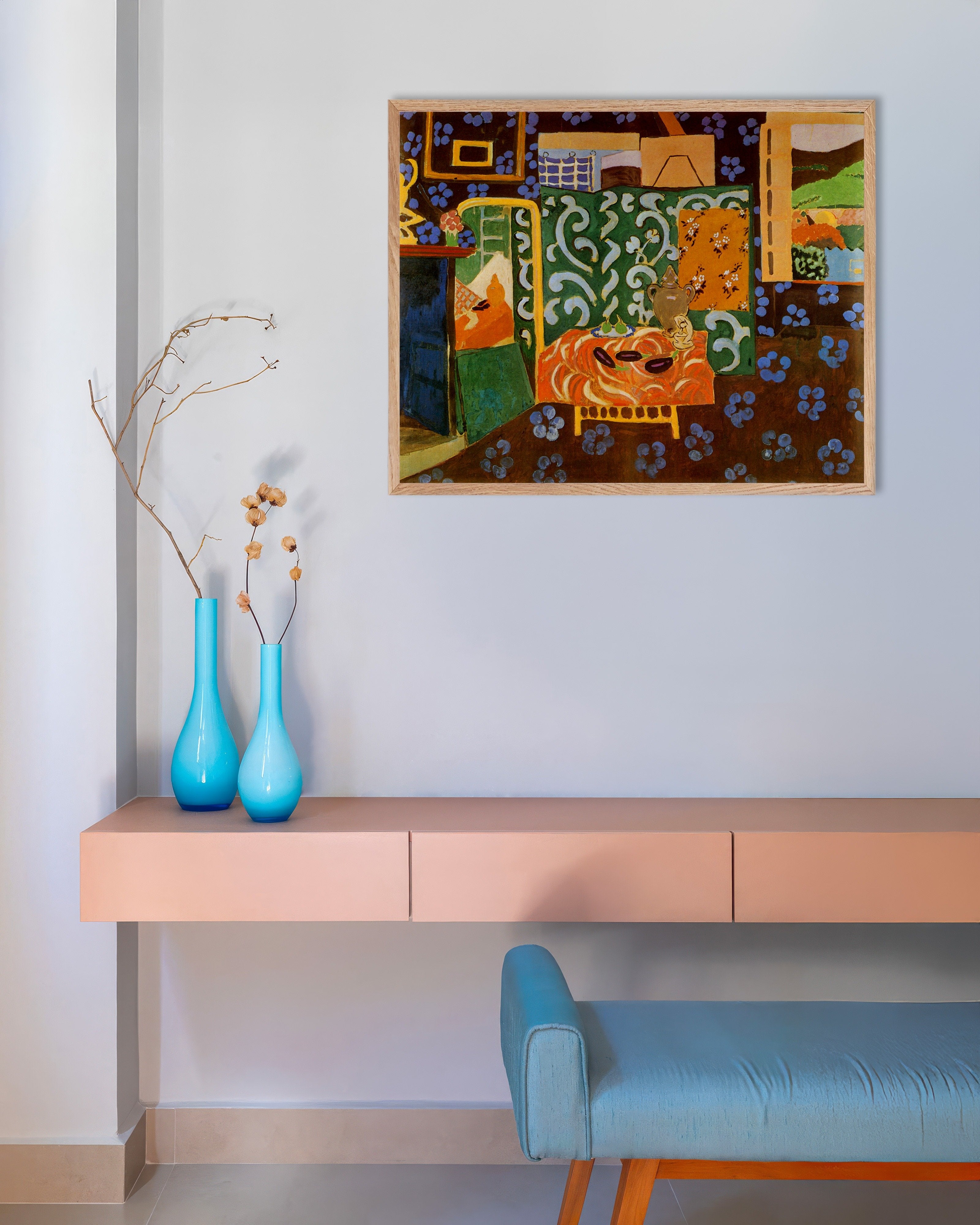 Poster of Still life with aubergines (1911) by Henri Matisse, with natural wooden frame