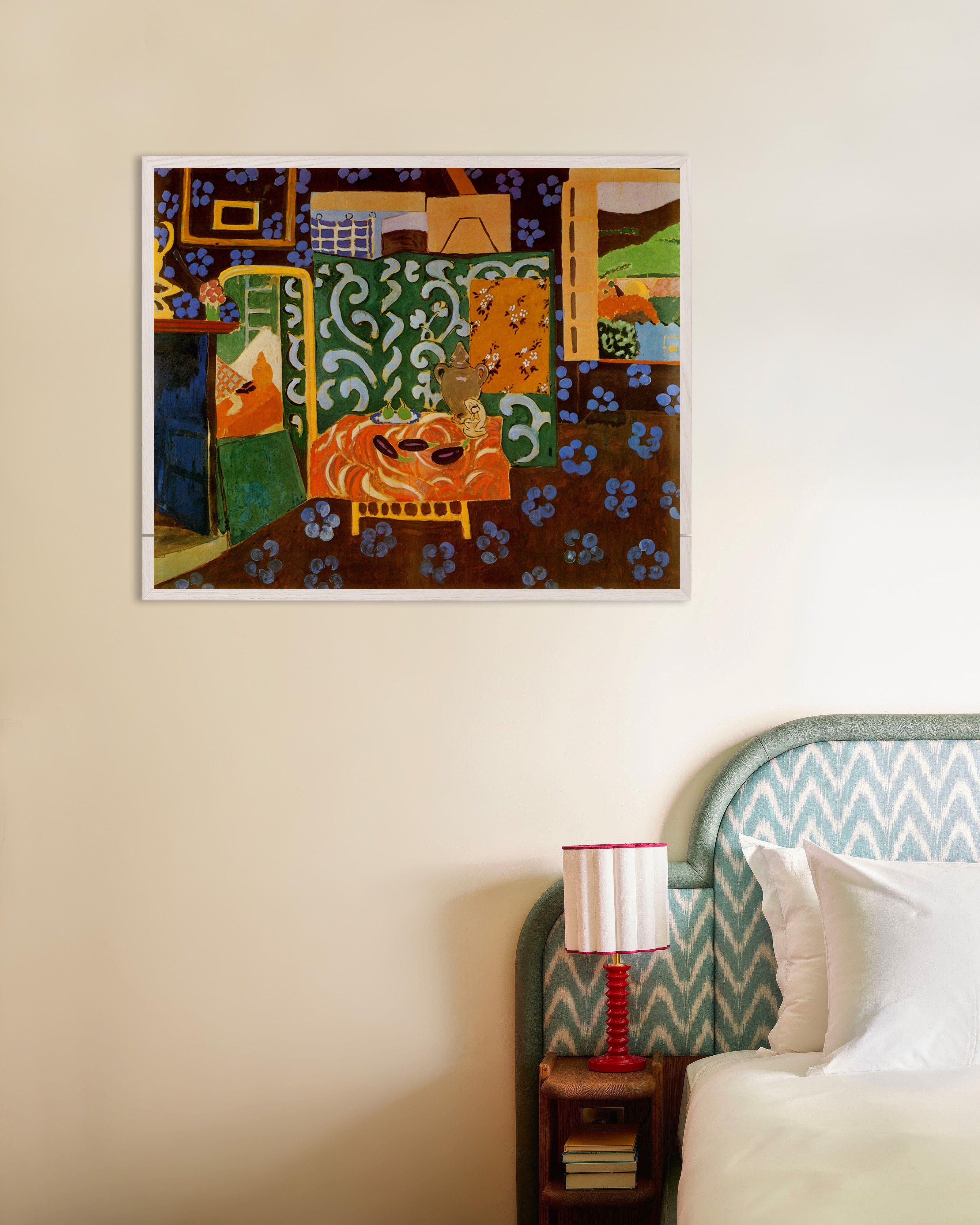 Poster of Still life with aubergines (1911) by Henri Matisse, with white wooden frame