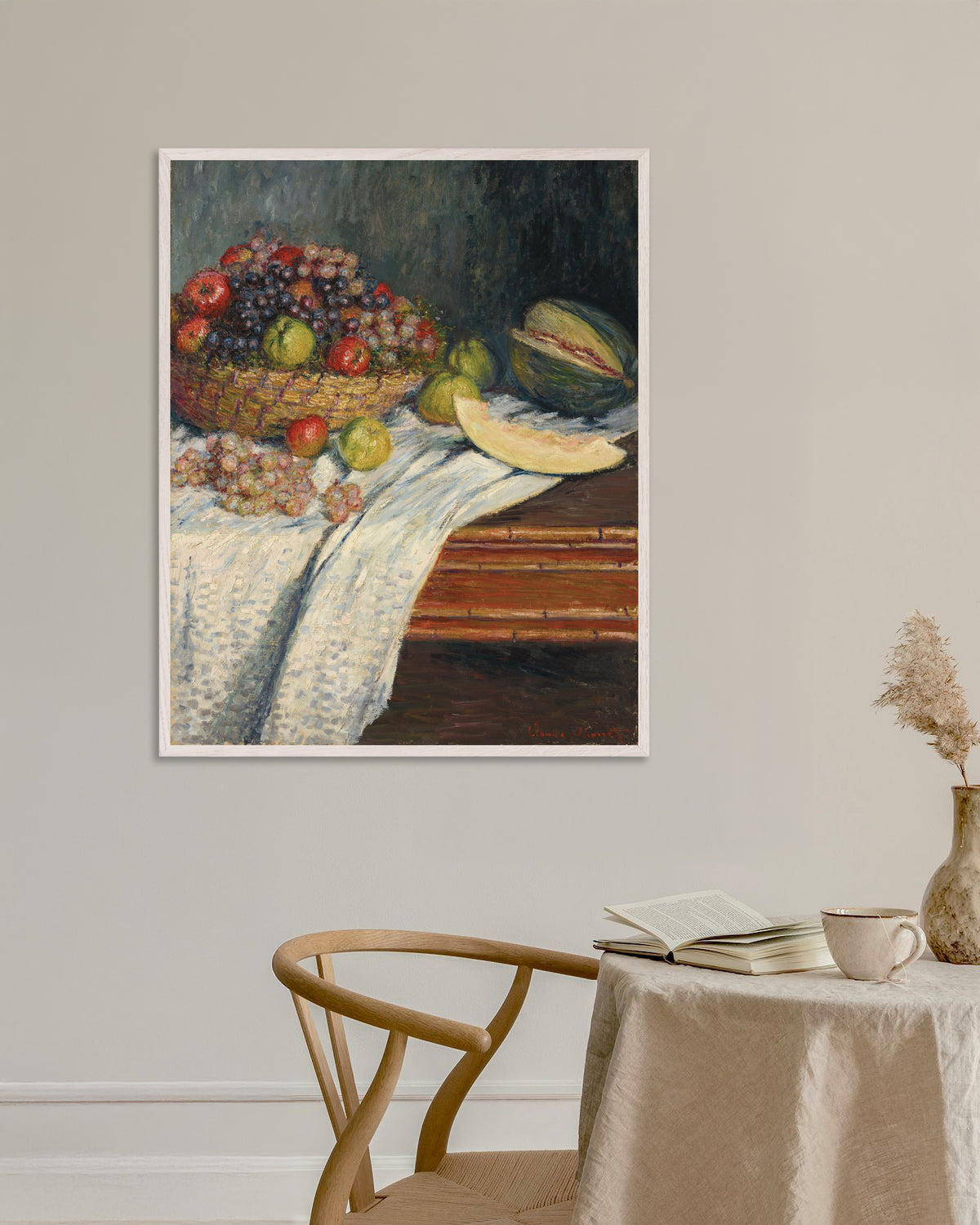 Poster Natureza-Morta com Melão (1879), de Claude Monet, com moldura de madeira branca
