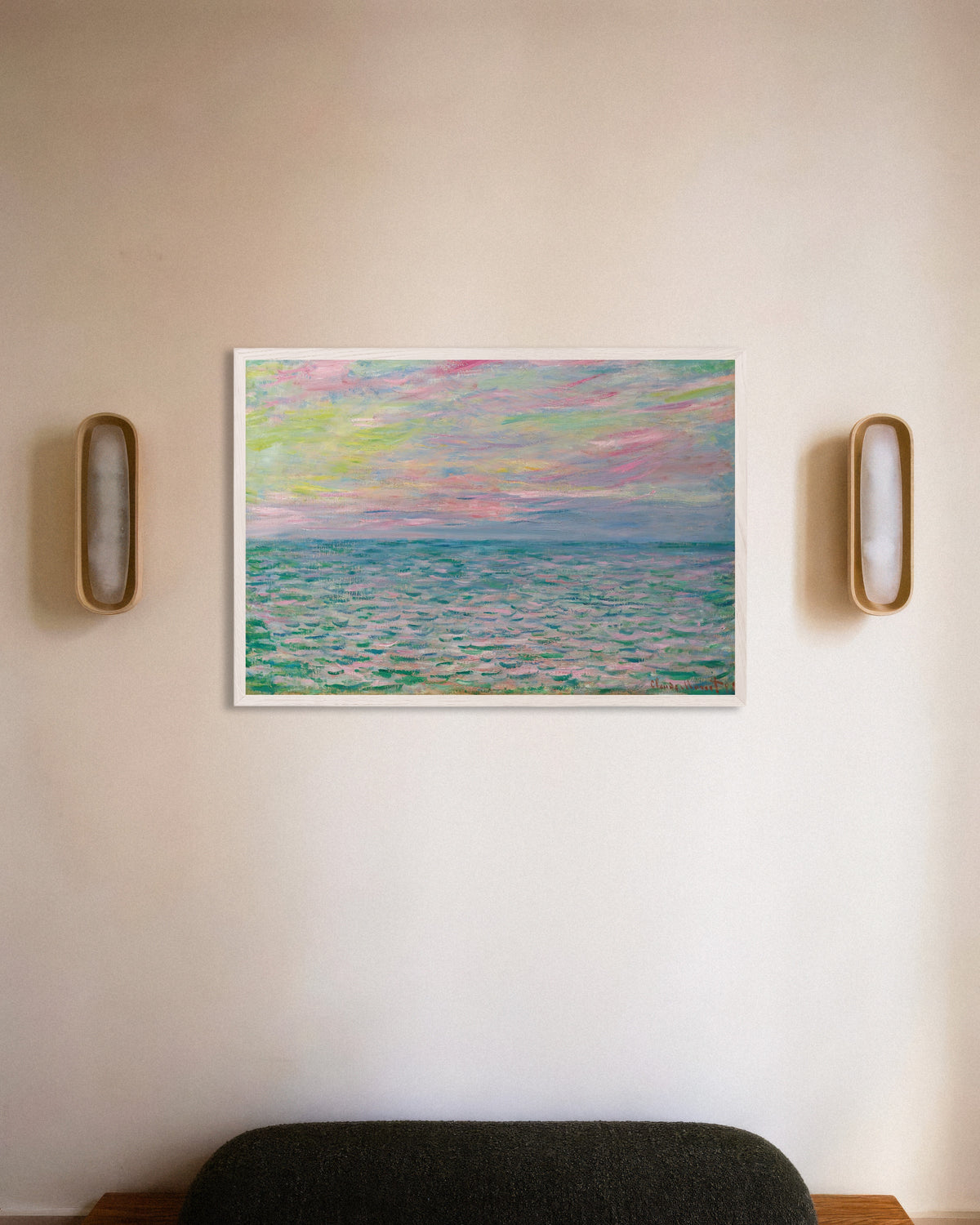 Poster Pôr do Sol em Pourville, Mar Alto (1882), de Claude Monet, com moldura de madeira branca