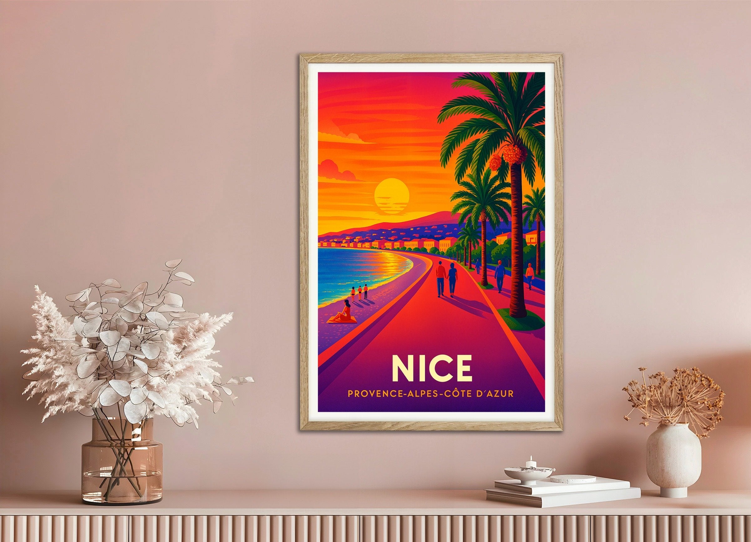 Poster of Sunset Walk in Nice, France – Promenade des Anglais, with natural wooden frame