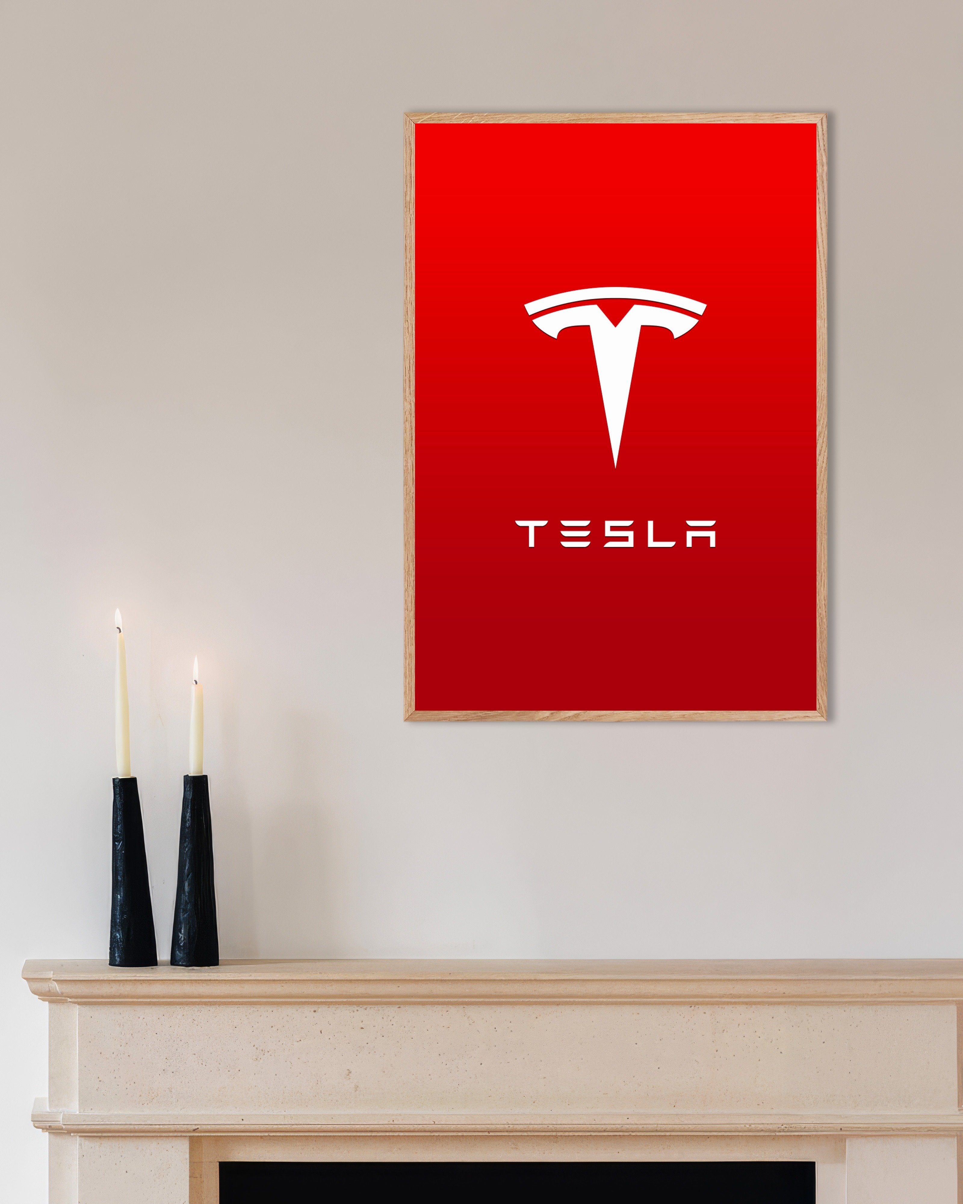 Poster of Tesla logo, with natural wooden frame