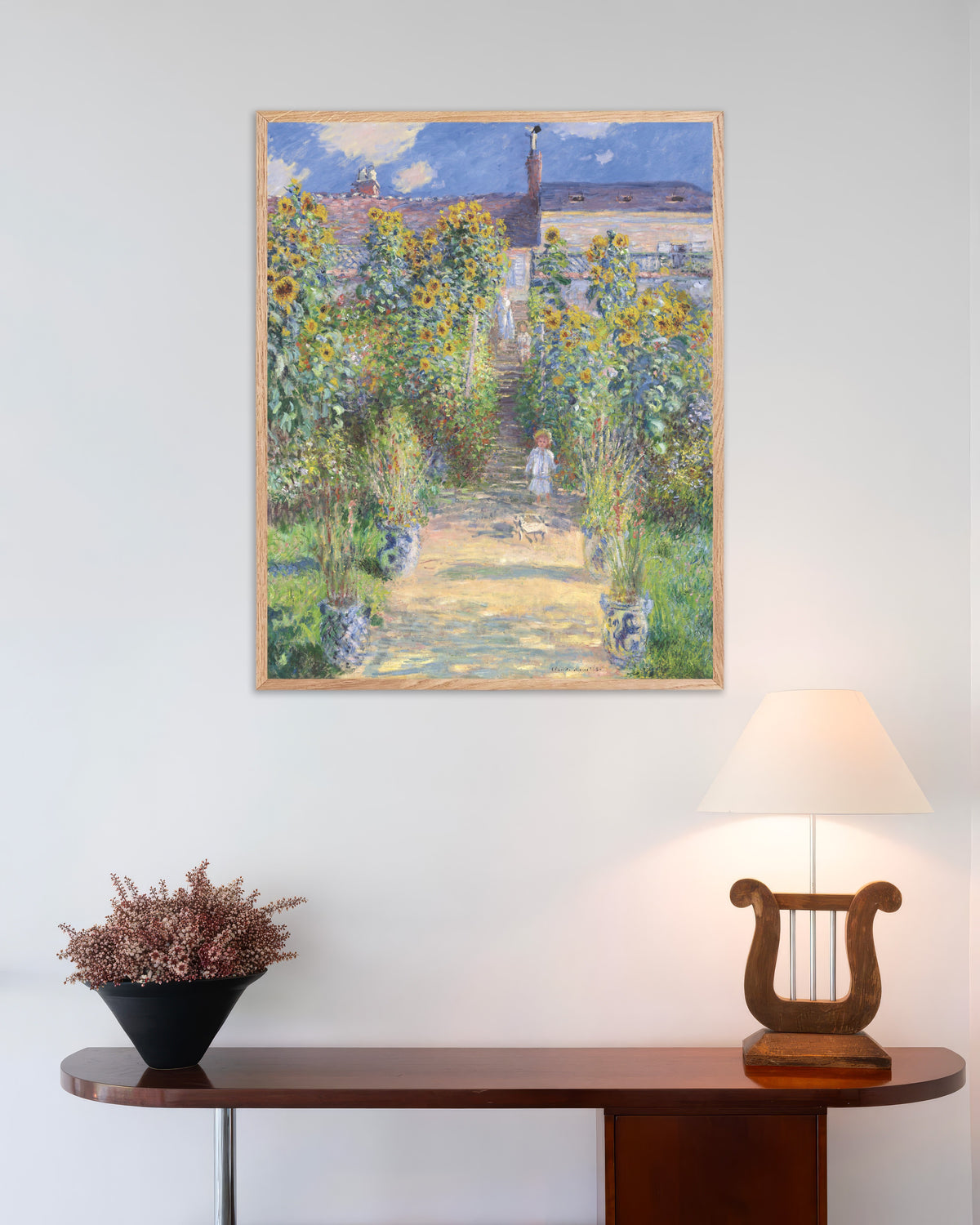 Poster O Jardim do Artista em Vétheuil (1881), de Claude Monet, com moldura de madeira natural