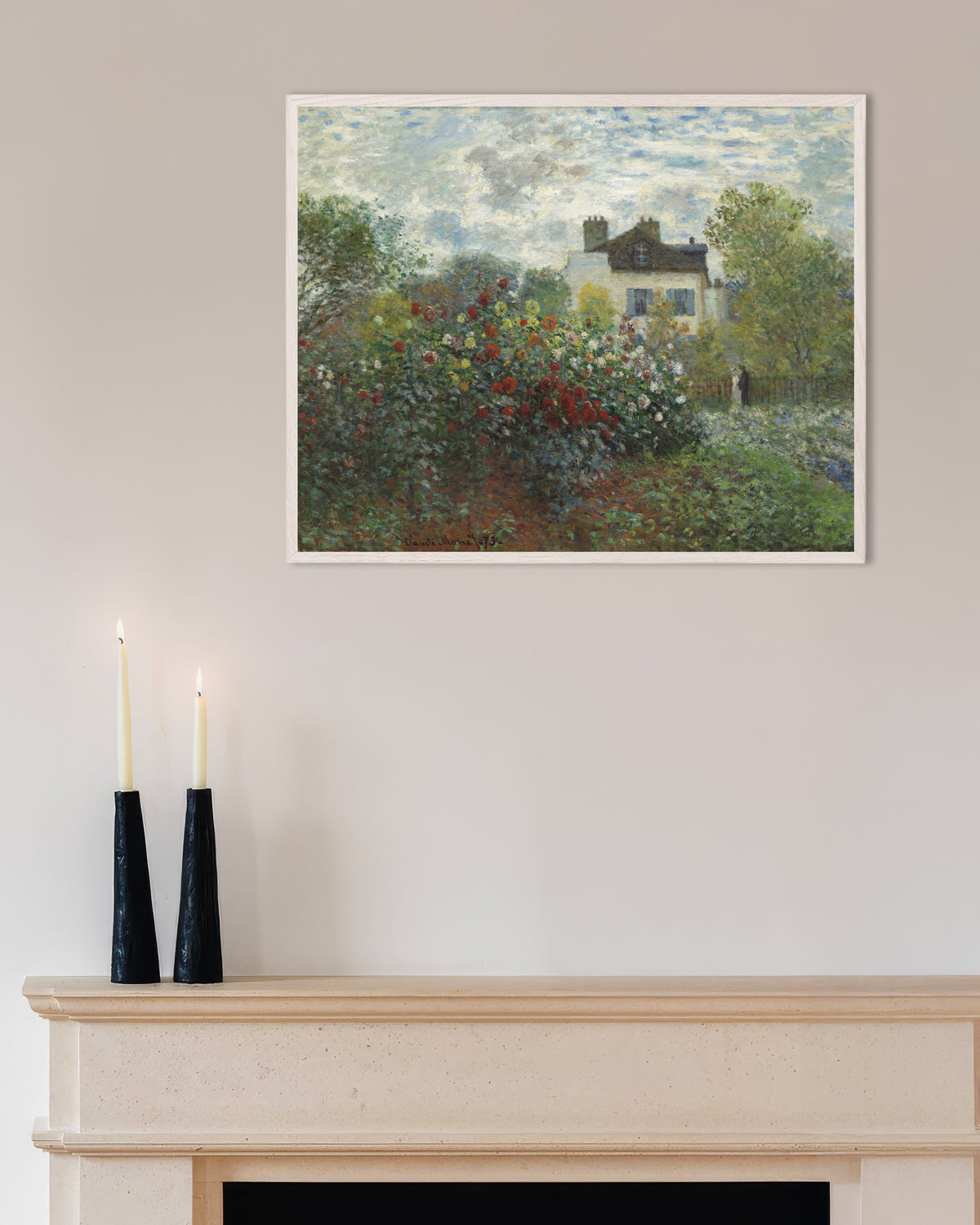 Poster O Jardim do Artista em Argenteuil, um Recanto com Dálias (1873), de Claude Monet, com moldura de madeira branca