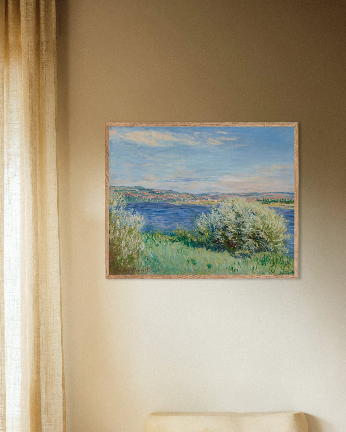 Poster As Margens do Sena perto de Vétheuil (1881), de Claude Monet, com moldura de madeira natural