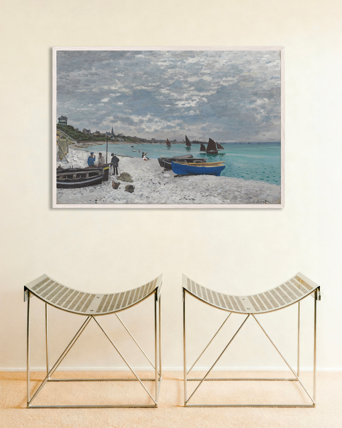 Poster A Praia de Sainte-Adresse (1867), de Claude Monet, com moldura de madeira branca