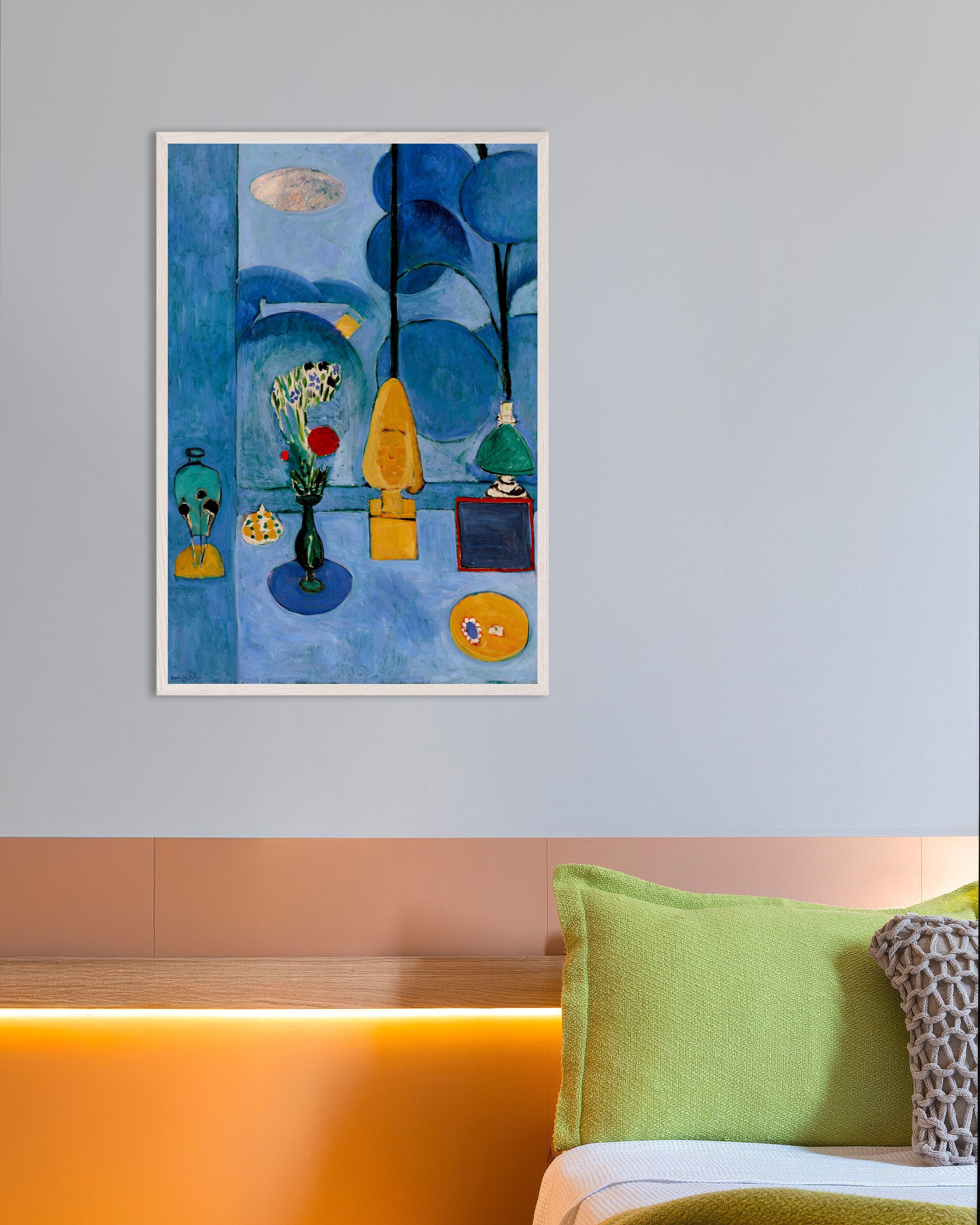 Poster of The blue window (1913) by Henri Matisse, with white wooden frame