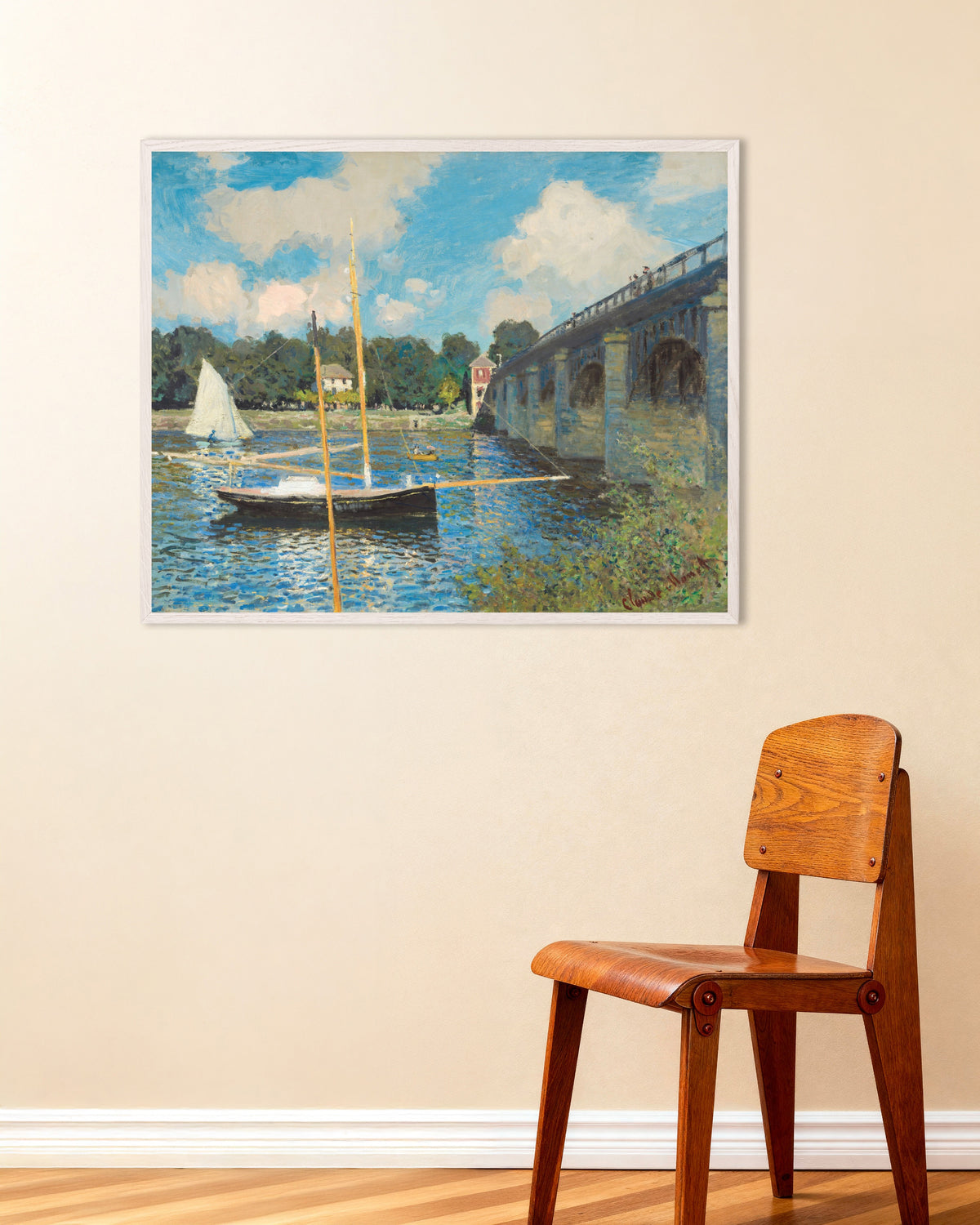 Poster A Ponte em Argenteuil (1874), de Claude Monet, com moldura de madeira branca