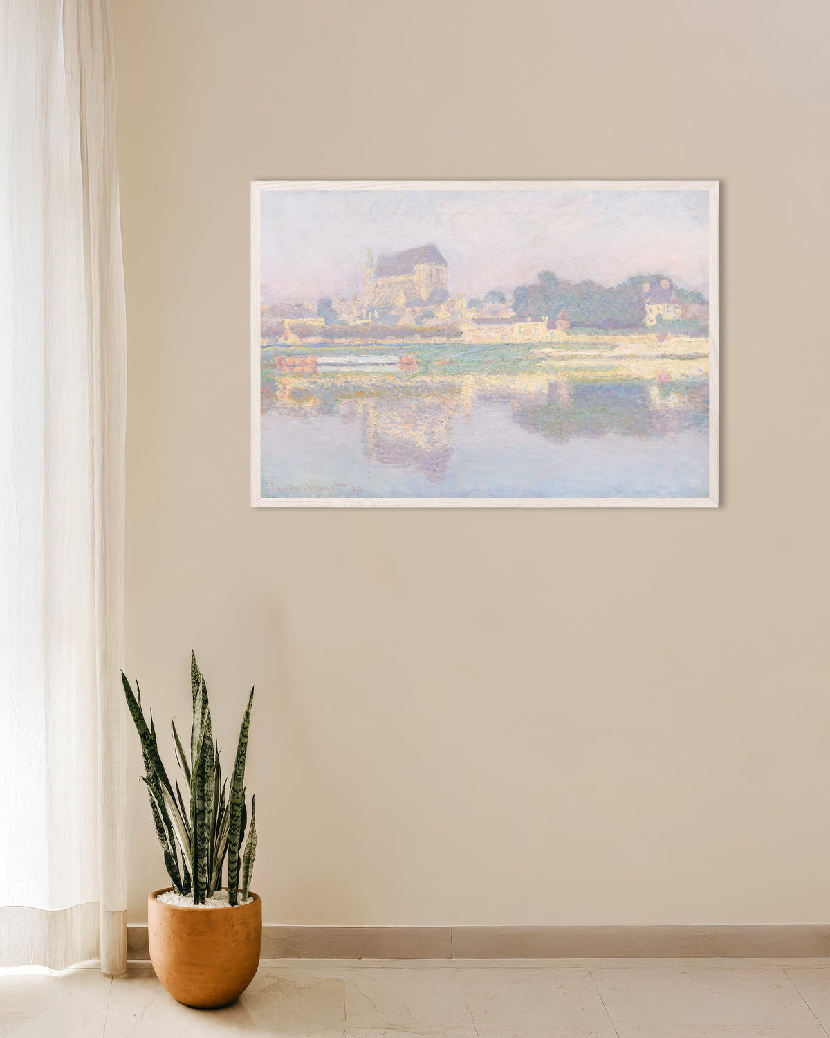 Poster A Igreja de Vernon, Sol (1894), de Claude Monet, com moldura de madeira branca