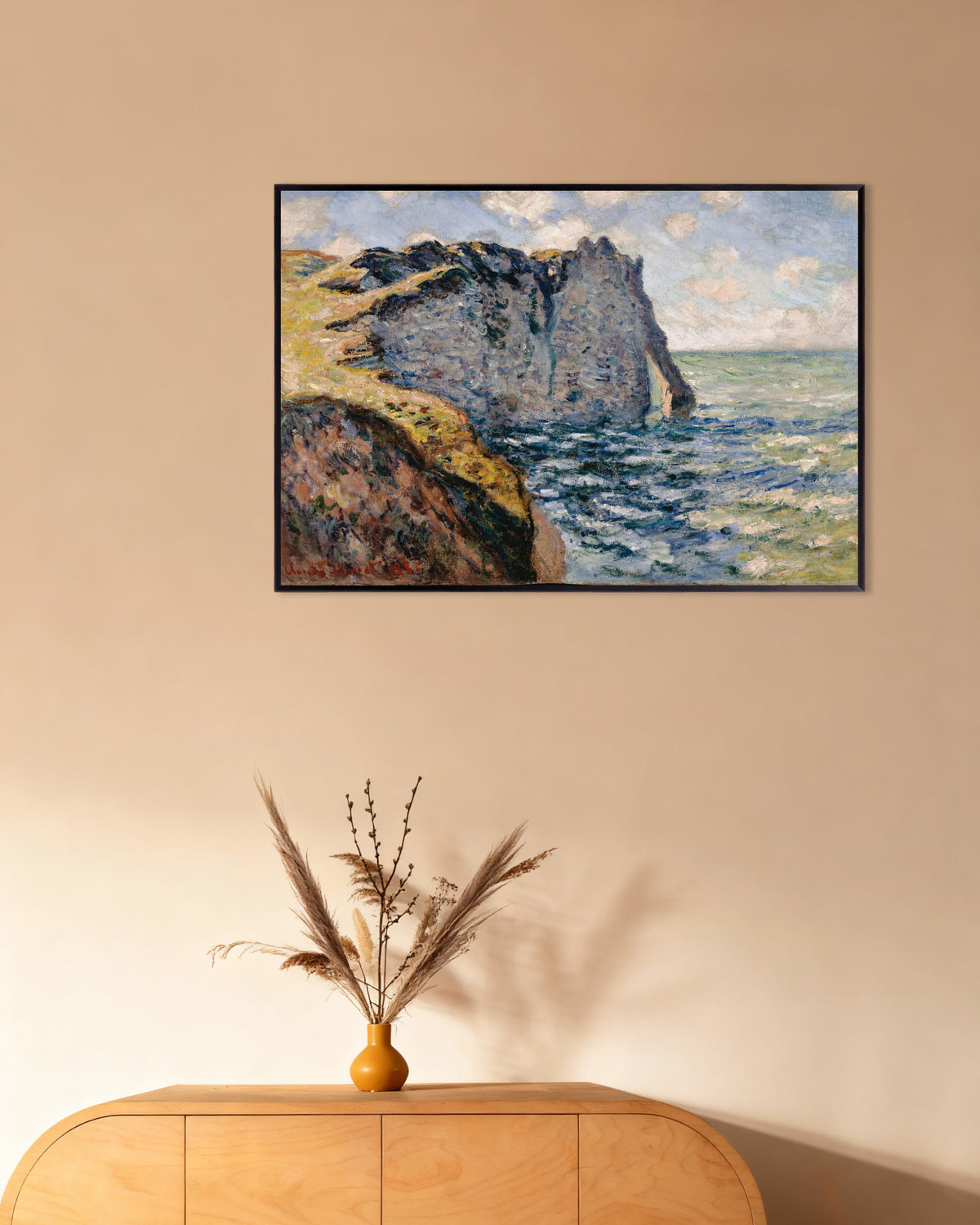 Poster A Falésia de Aval, Étretat (1885), de Claude Monet, com moldura de metal