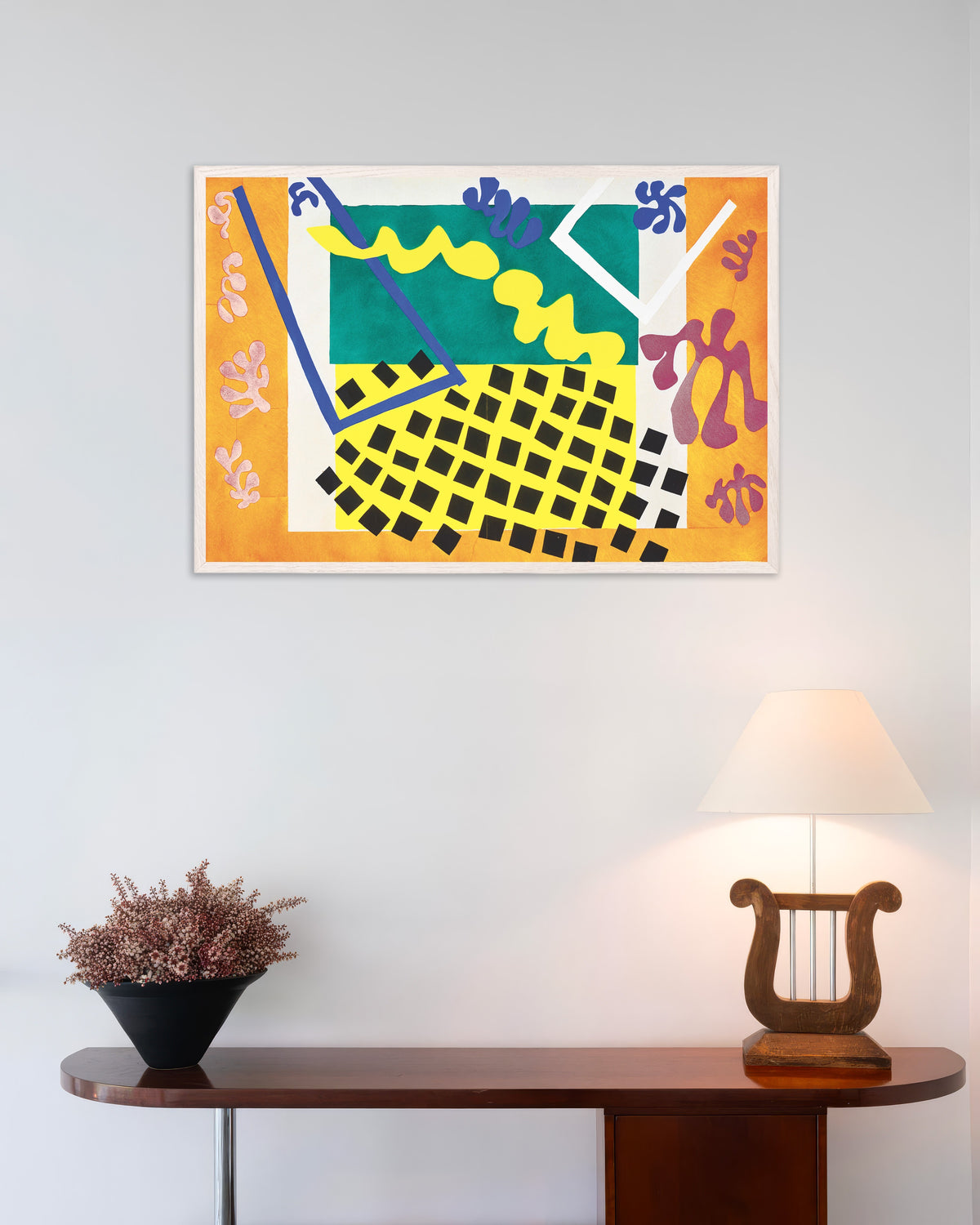Poster de Os Codomas (Jazz, 1947), de Henri Matisse, com moldura de madeira branca