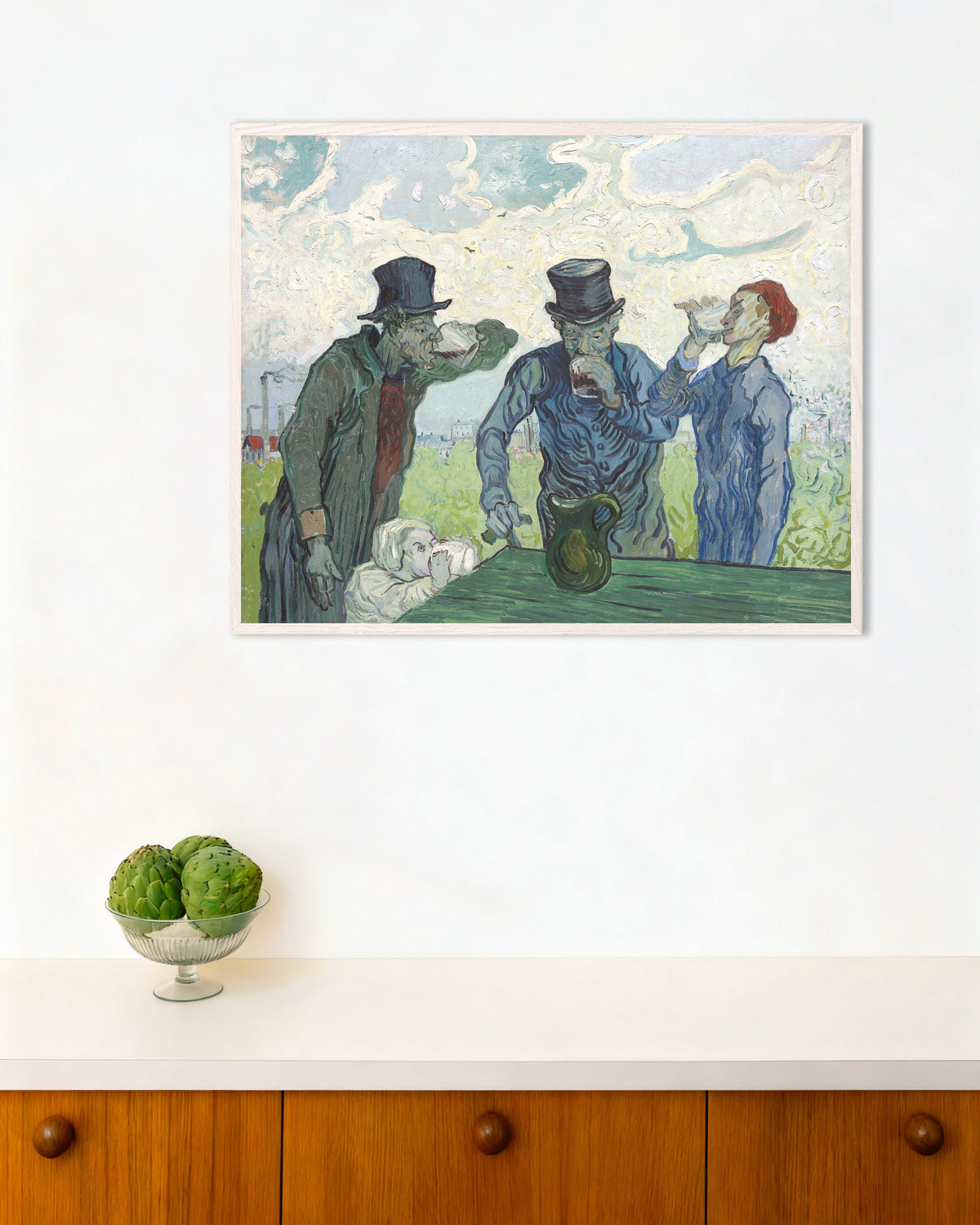 Poster de Os Bêbados, segundo Daumier (1890), de Vincent van Gogh, com moldura de madeira branca