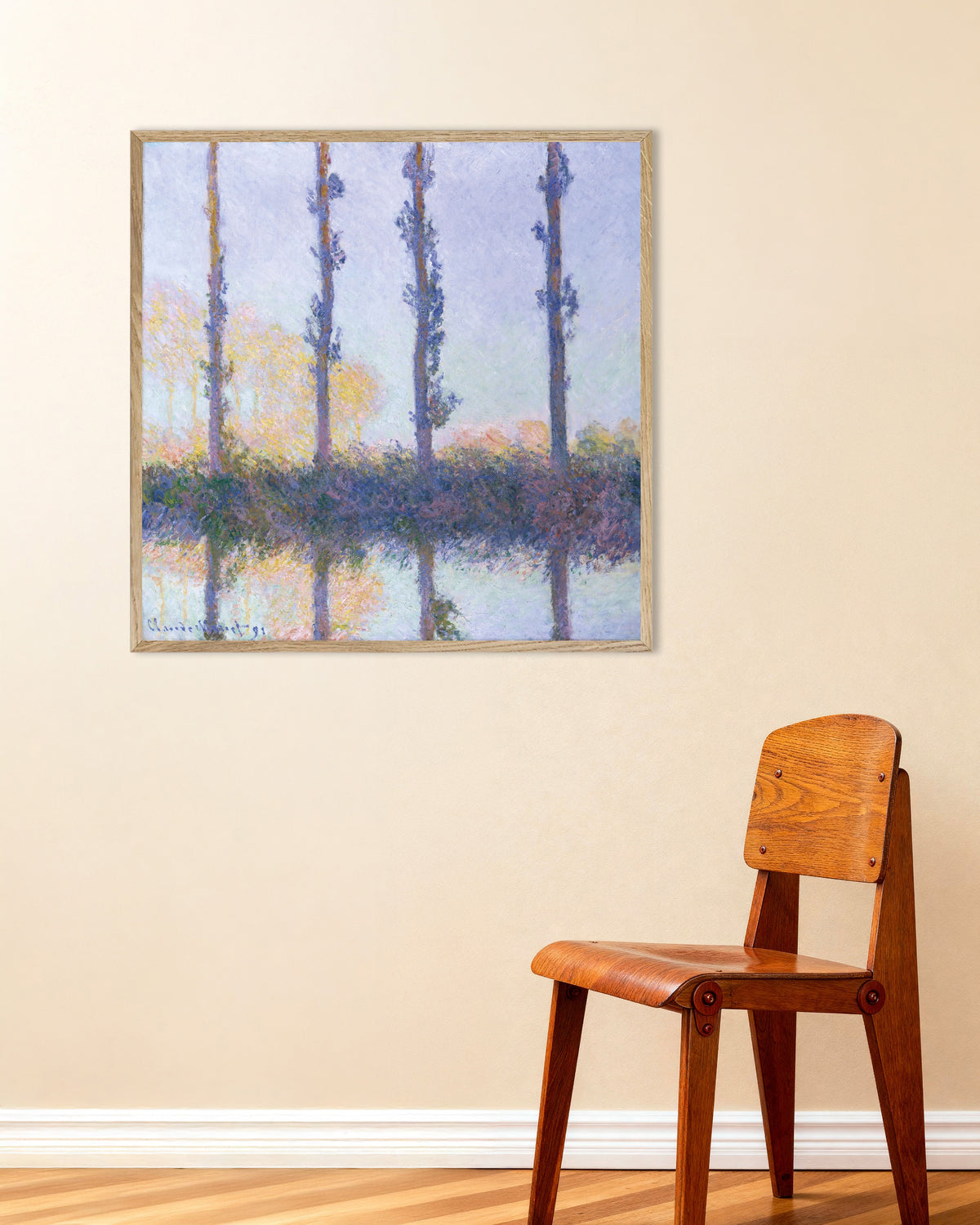 Poster As Quatro Árvores (1891), de Claude Monet, com moldura de madeira natural