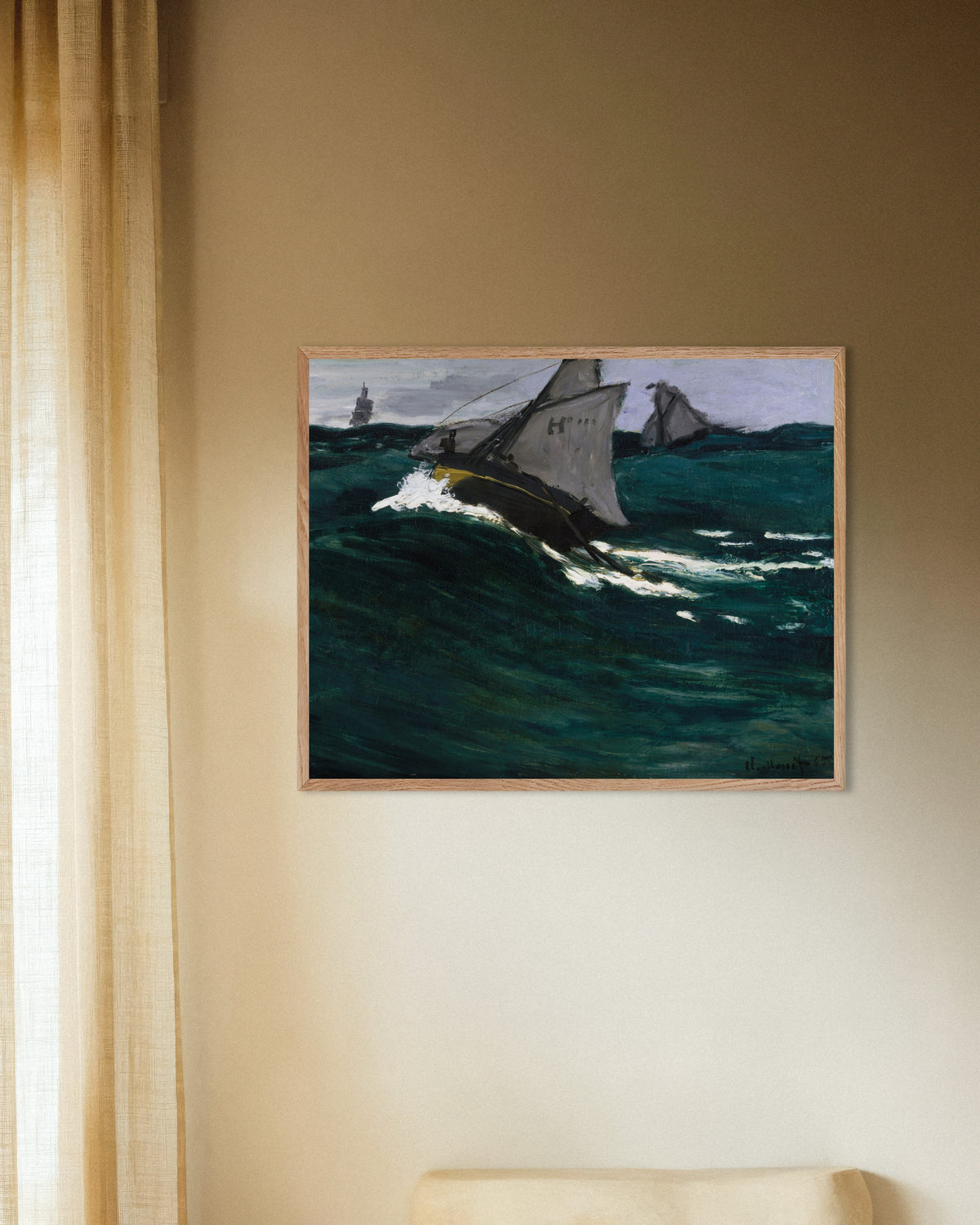 Poster A Onda Verde (c. 1866–1867), de Claude Monet, com moldura de madeira natural