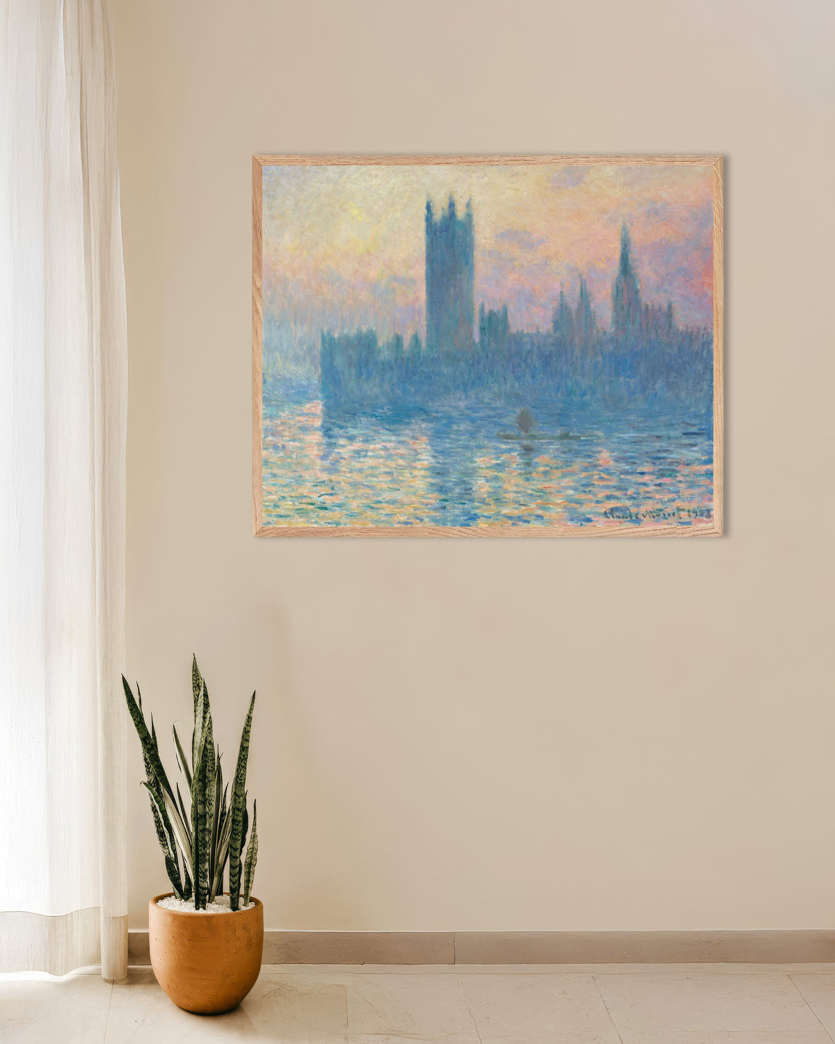 Poster O Parlamento ao Pôr do Sol (1903), de Claude Monet, com moldura de madeira natural