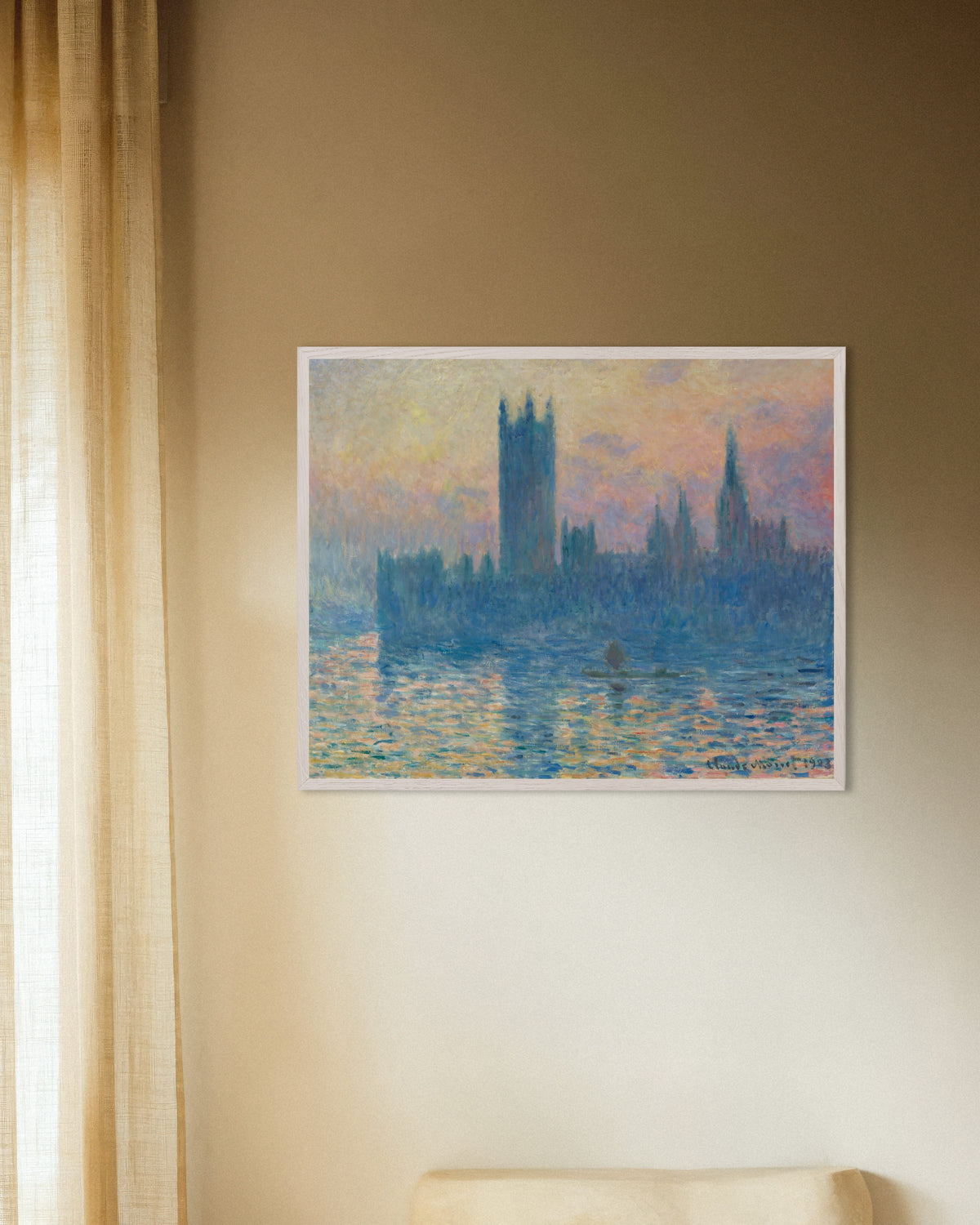 Poster O Parlamento ao Pôr do Sol (1903), de Claude Monet, com moldura de madeira branca