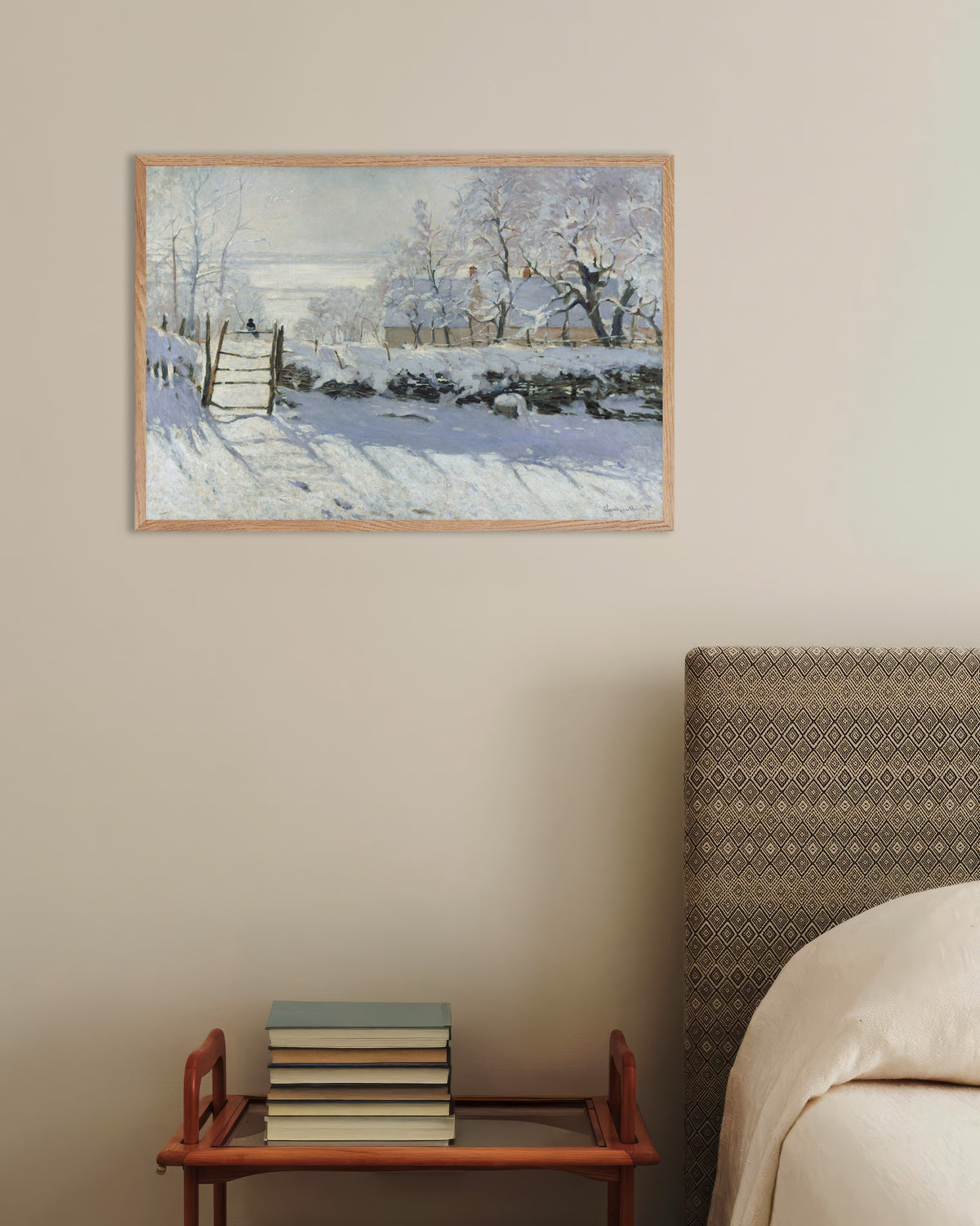 Poster A Pega (1868–1869), de Claude Monet, com moldura de madeira natural