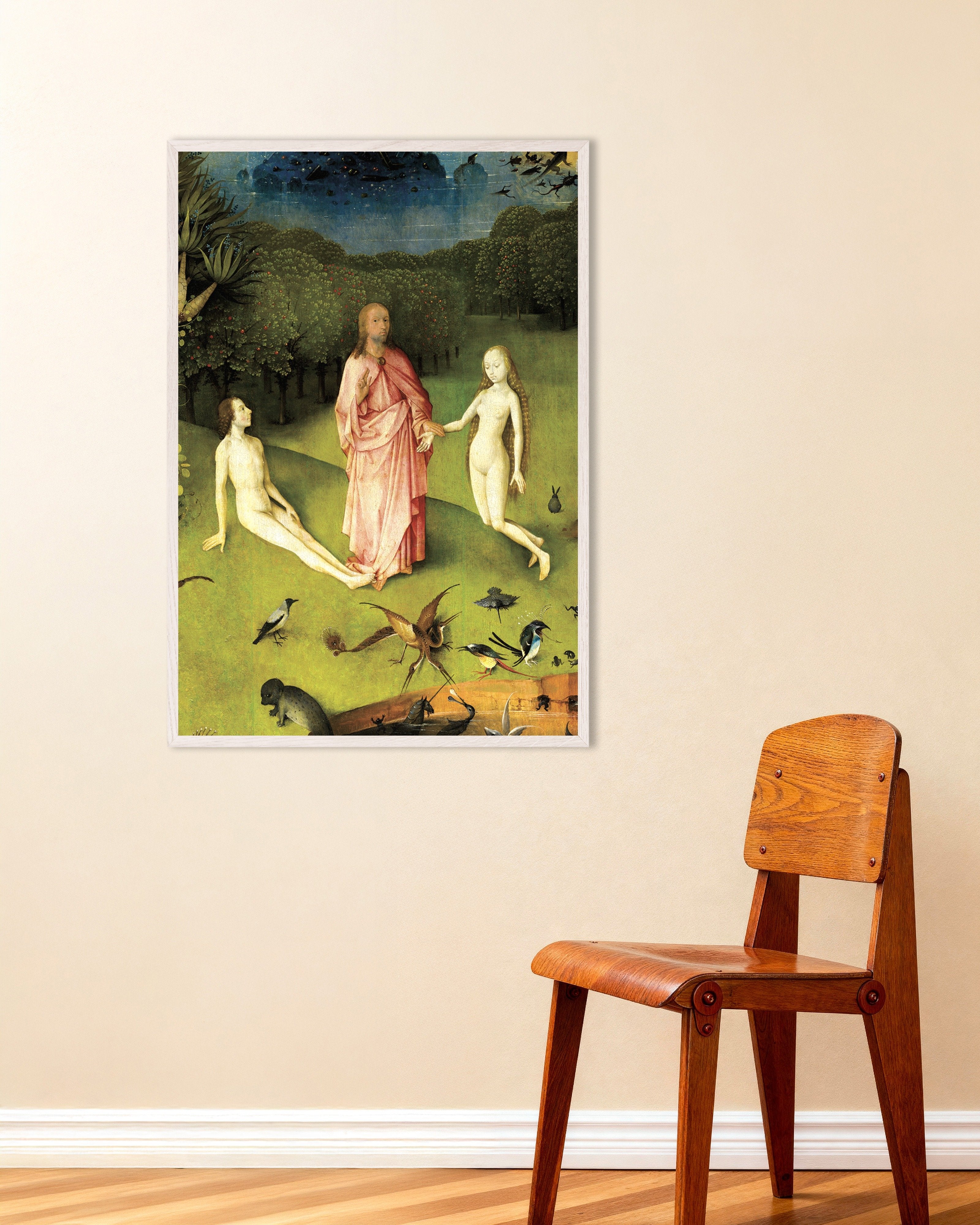 Poster of The meeting in Eden - Detail from The Garden of Earthly Delights, with white wooden frame