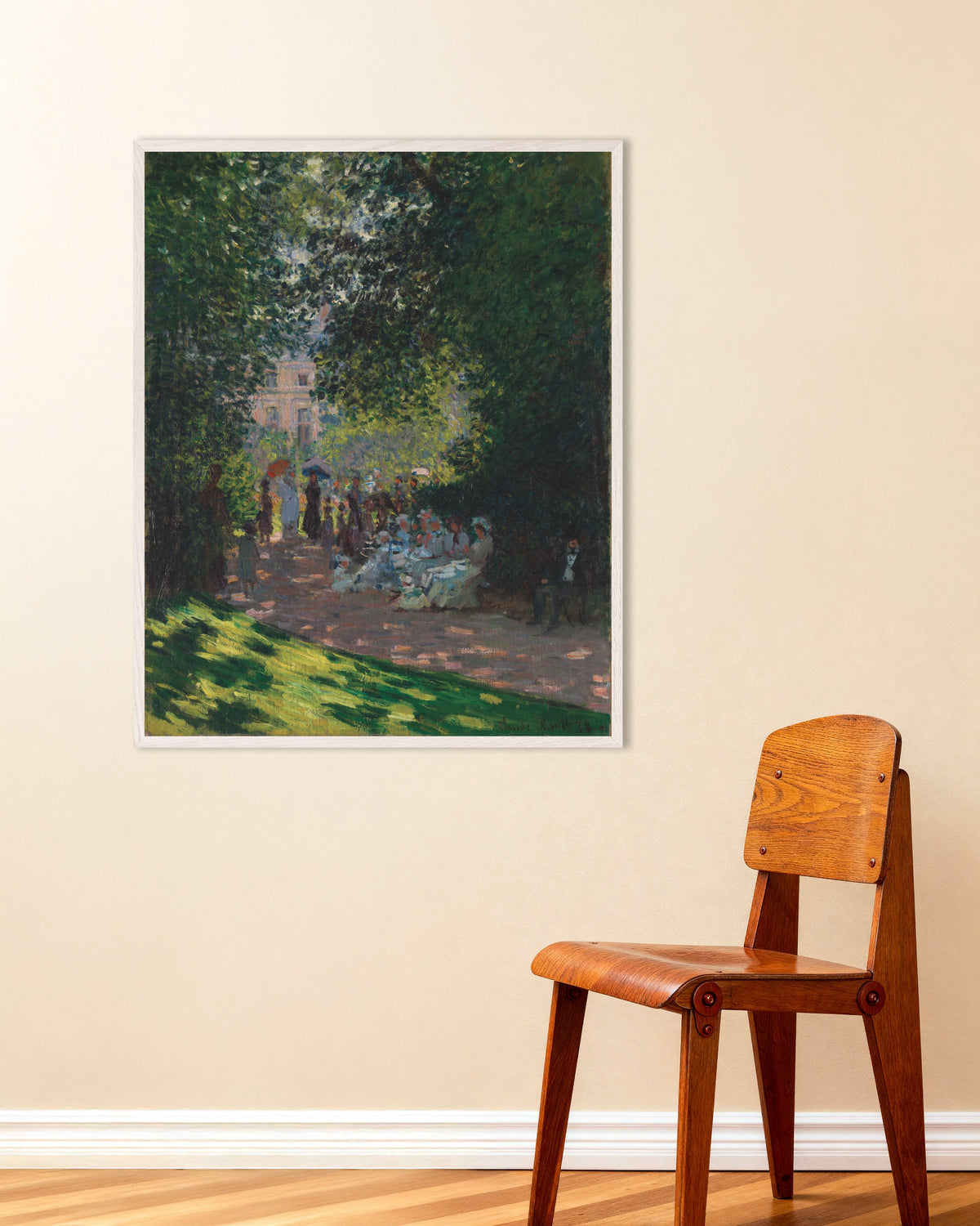 Poster O Parque Monceau (1878), de Claude Monet, com moldura de madeira branca