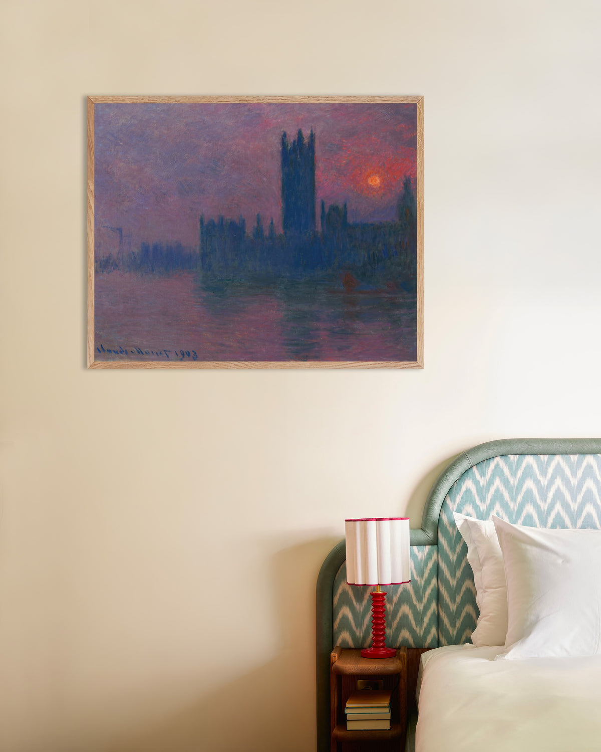 Poster O Parlamento, Sol Poente (1900–1903), de Claude Monet, com moldura de madeira natural